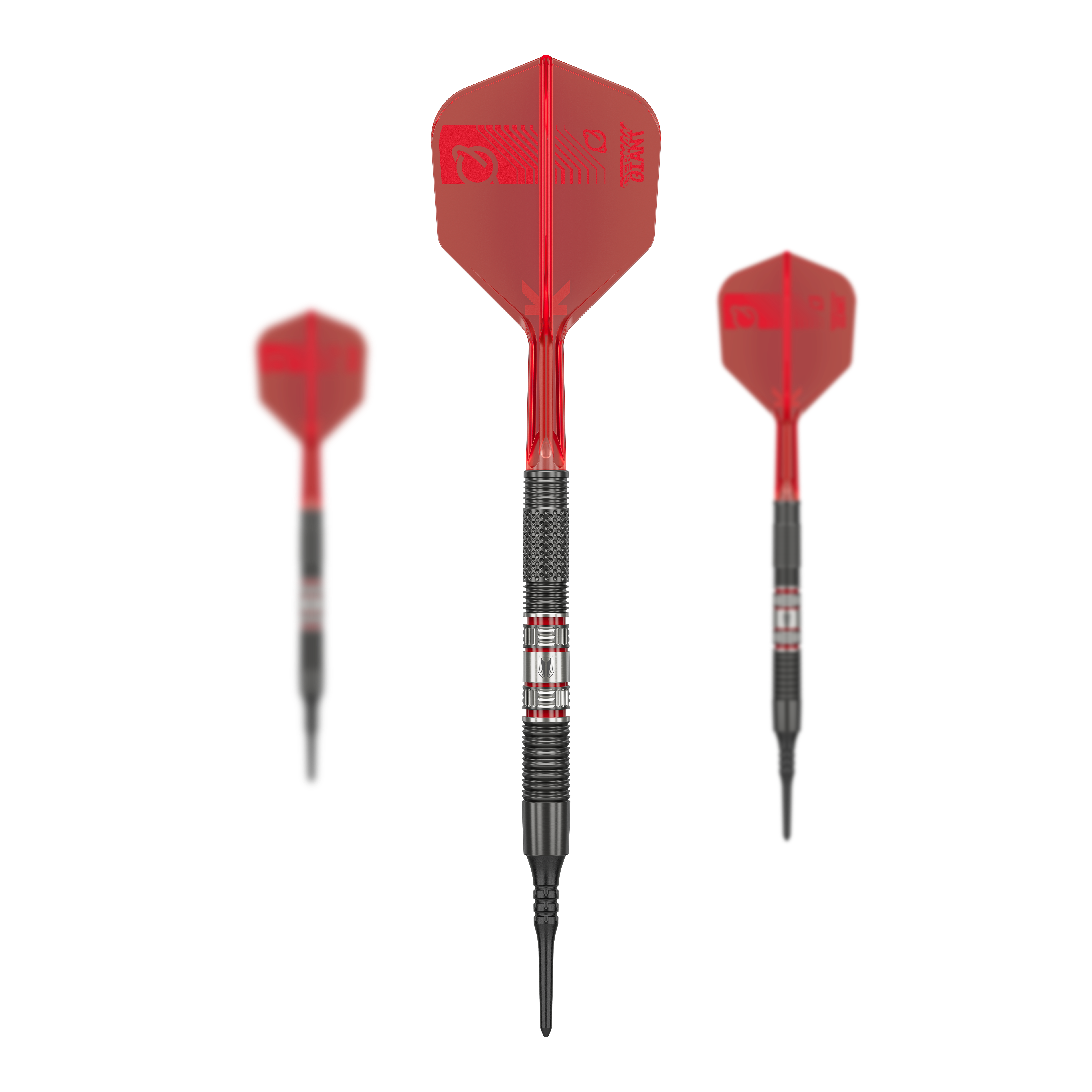 Target Gabriel Clemens 95K zachte darts - 19g Das Bild zeigt drei Softdarts des Modells "Target Gabriel Clemens 95K Softdarts - 19g". Die Darts haben rote Flights und einen silber-schwarzen Barrel mit markanten Rillen.