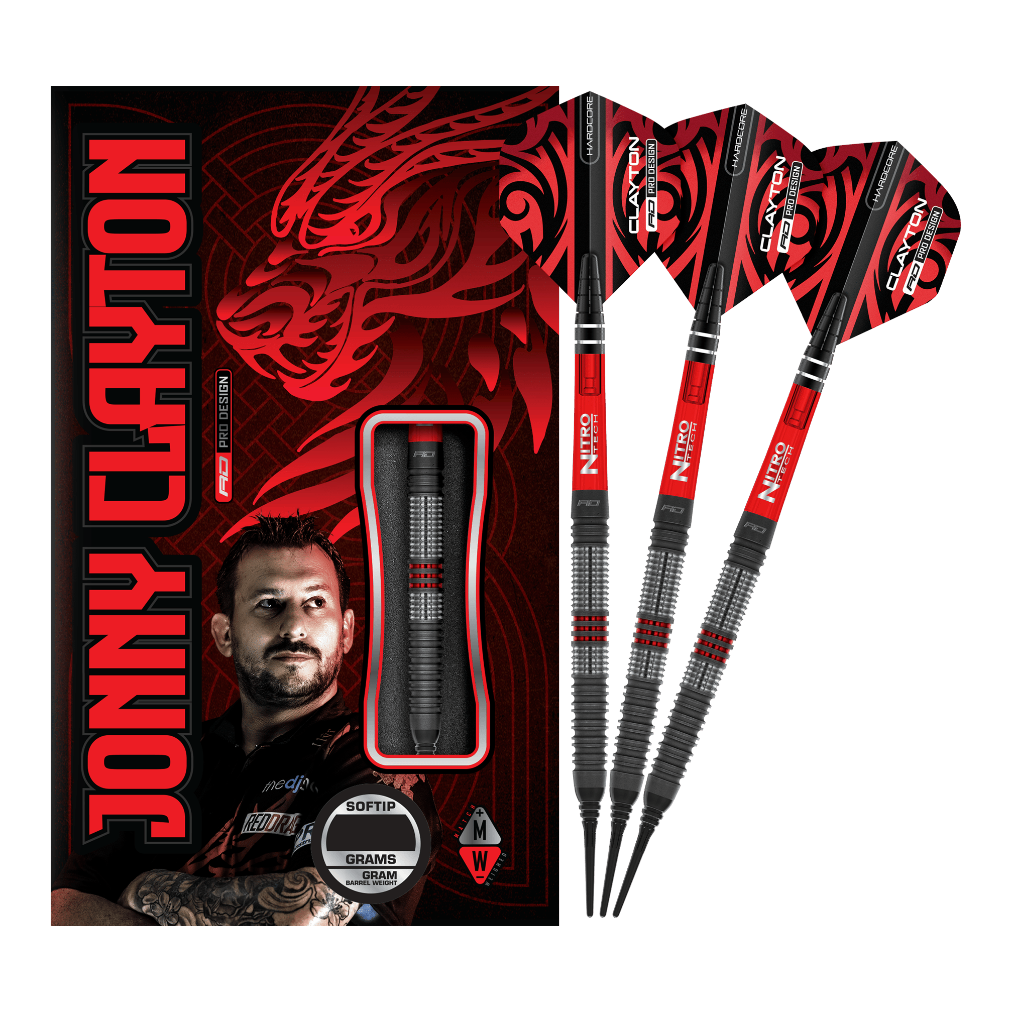 Red Dragon Jonny Clayton Hiraeth Zachte Darten - 20g Das Bild zeigt das Produkt „Red Dragon Jonny Clayton Hiraeth Softdarts - 20g“ mit drei roten und schwarzen Softdarts neben der Verpackung. Auf der Verpackung ist ein Porträt von Jonny Clayton sowie ein roter Drachen zu sehen.