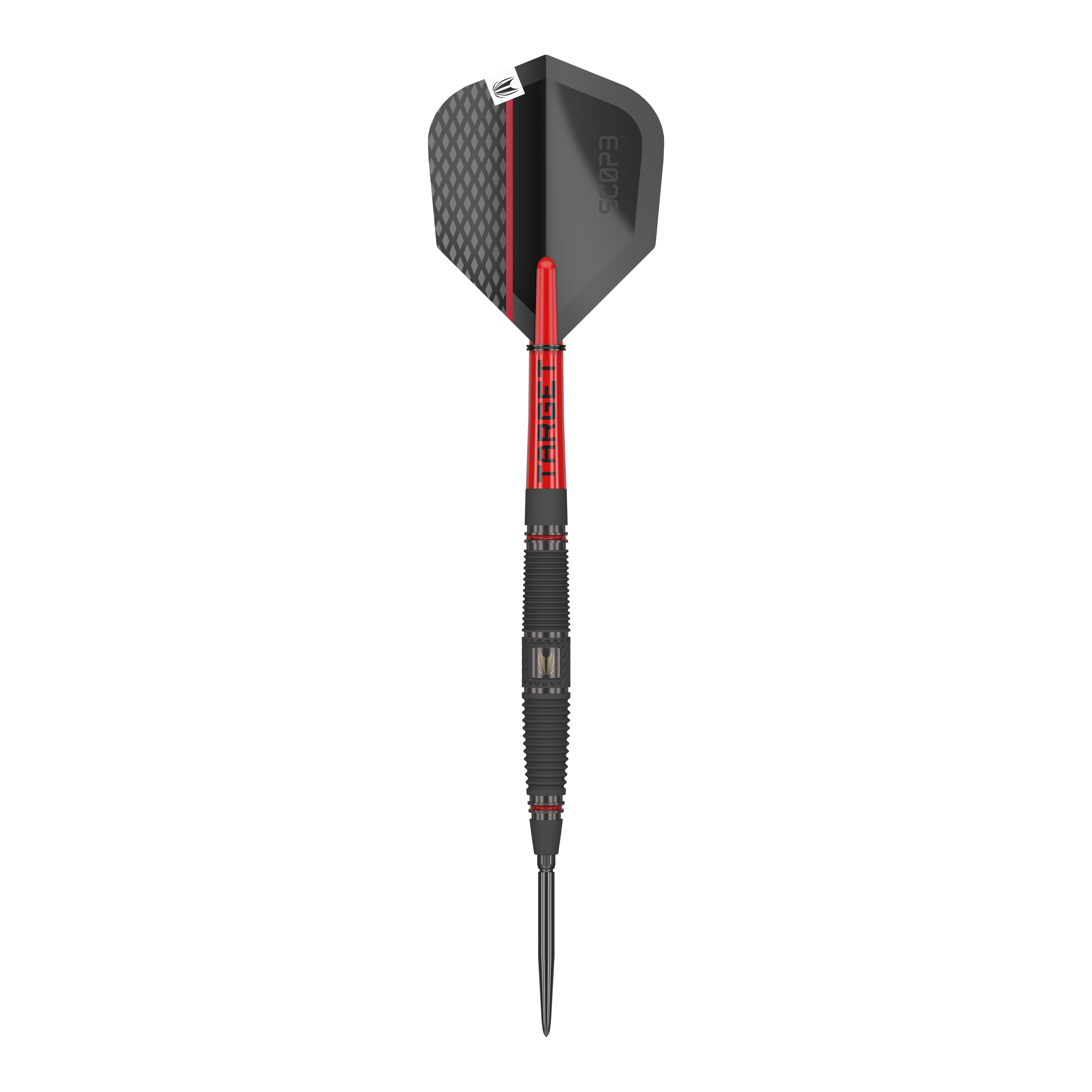 Target Scope 04 Swiss Point stalen darts Dies ist der Target Scope 04 Swiss Point Steeldart. Er hat ein modernes Design mit schwarzen und roten Akzenten.