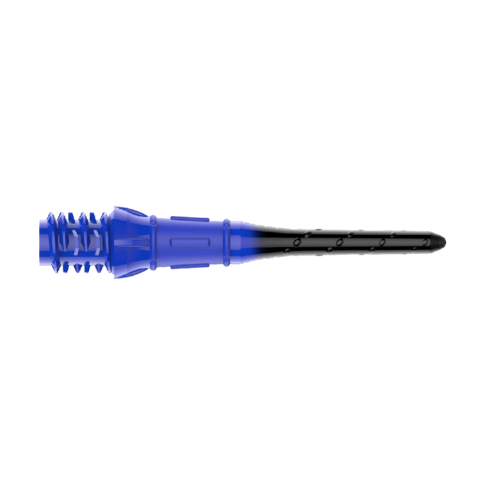 L-Style Premium Lippoint Gradiation Dart Tips (verpakking van 30) Die Abbildung zeigt eine Dartspitze in den Farben Blau und Schwarz. Sie hat ein Schraubgewinde auf der linken Seite und läuft nach rechts spitz zu.