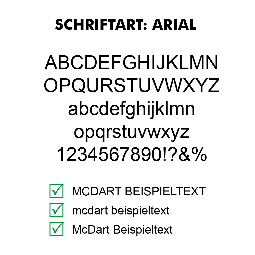 Flightdruck_Schriftart_Arial Das Bild zeigt den Schriftzug „Sicher drucken mit Arial“ und darunter einen Textblock über die Vorteile der Arial-Schriftart. Am unteren Rand sind drei grüne Häkchen mit den Stichpunkten „einfach“, „lesbar“ und „gut verfügbar“.