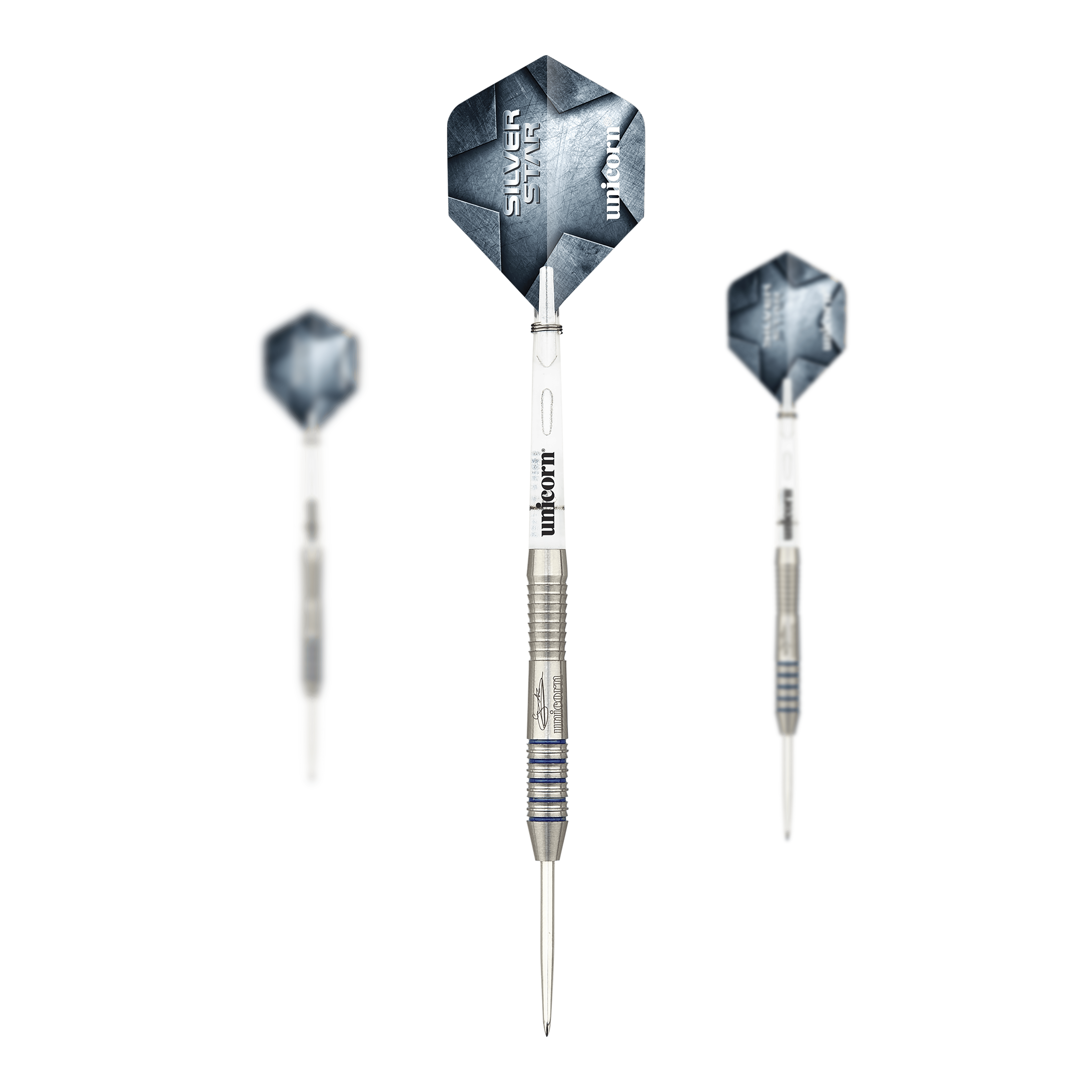 Unicorn Silver Star Var.3 Gary Anderson stalen dartpijlen Zu sehen ist ein Set der Unicorn Silver Star Var.3 Gary Anderson Steeldarts. Die Darts liegen komplett nebeneinander und sind gut sichtbar.