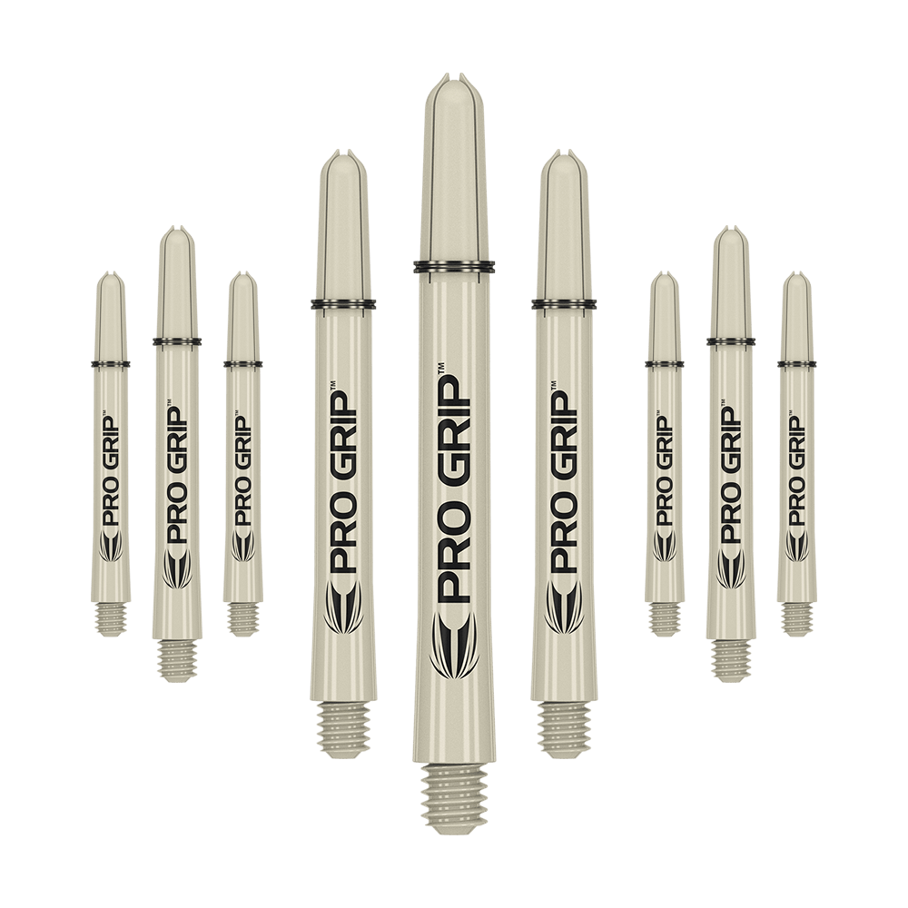 Target Pro Grip Shafts - 3 sets - Zand Das Bild zeigt neun beige Dartschäfte mit der Aufschrift "PRO GRIP". Sie sind in drei Reihen angeordnet und haben am Ende ein Schraubgewinde.