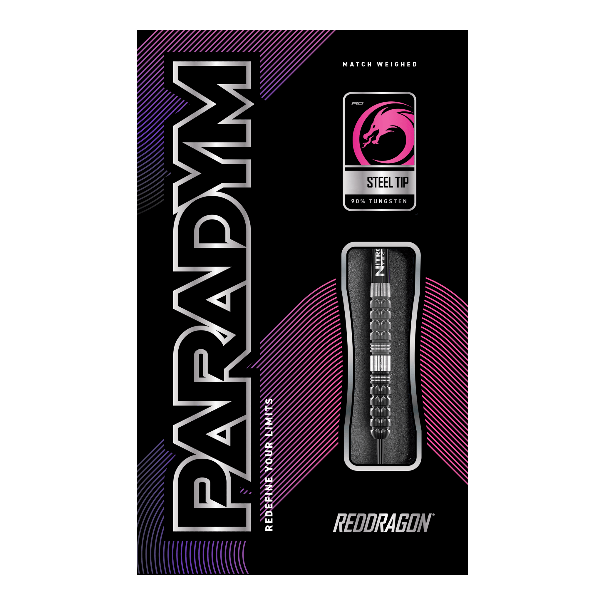 Red Dragon Paradym Tapered Steel Darts Die Abbildung zeigt die Verpackung der "Red Dragon Paradym Tapered Steeldarts". Auf der Packung sind die Begriffe "Steel Tip", "90% Tungsten" und das Red Dragon Logo zu sehen.