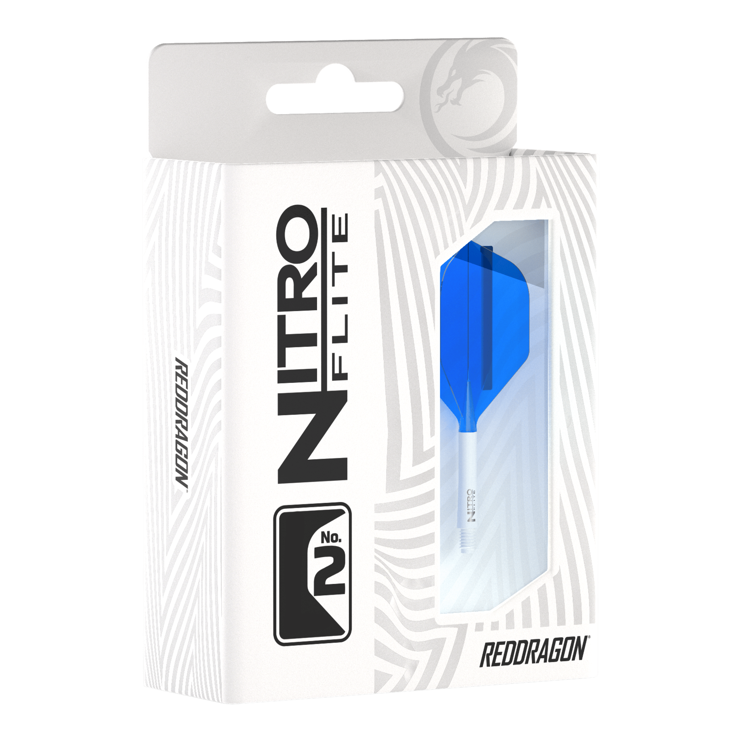 Red Dragon Nitroflite - Witte Schacht Blauwe No2 Vluchten Die Abbildung zeigt eine Packung Red Dragon Nitroflite mit einem weißen Schaft und blauen No2-Flights. Die Verpackung ist überwiegend weiß mit einem Sichtfenster, durch das der blaue Flight zu sehen ist.