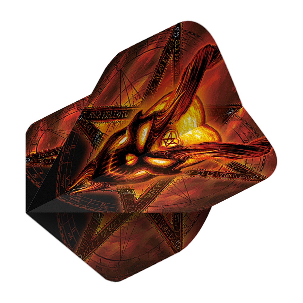 Alchemy Burning Temple No2 Standaardvluchten Das Bild zeigt das Produkt „Alchemy Burning Temple No2 Standard Flights“. Es hat ein auffälliges, feuriges Design mit einem brennenden Motiv und mystischen Symbolen.