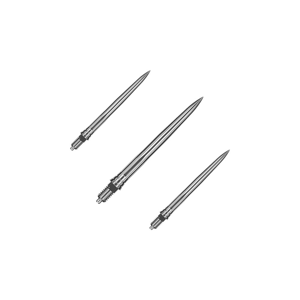 Caliburn EZ-EVO dartpunten - Glad - Zilver Das Bild zeigt ein Set aus glatten silbernen Dartspitzen. Die Spitzen sind ordentlich nebeneinander angeordnet.