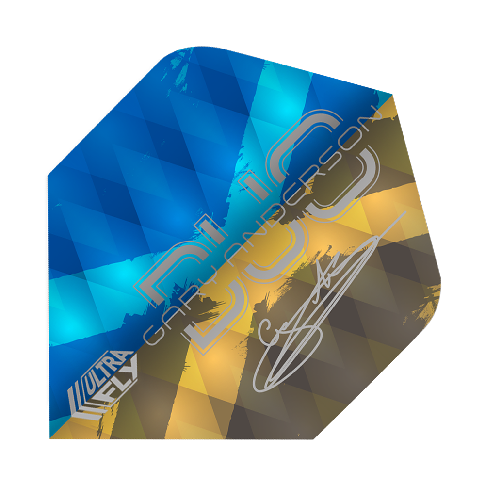 Unicorn Ultrafly 100 Gary Anderson Duo Plus-vluchten Das Bild zeigt ein Dart-Flight der Marke Unicorn Ultrafly 100 Gary Anderson Duo Plus. Das Flight hat ein Muster in Blau, Gelb und Braun und trägt die Unterschrift von Gary Anderson.