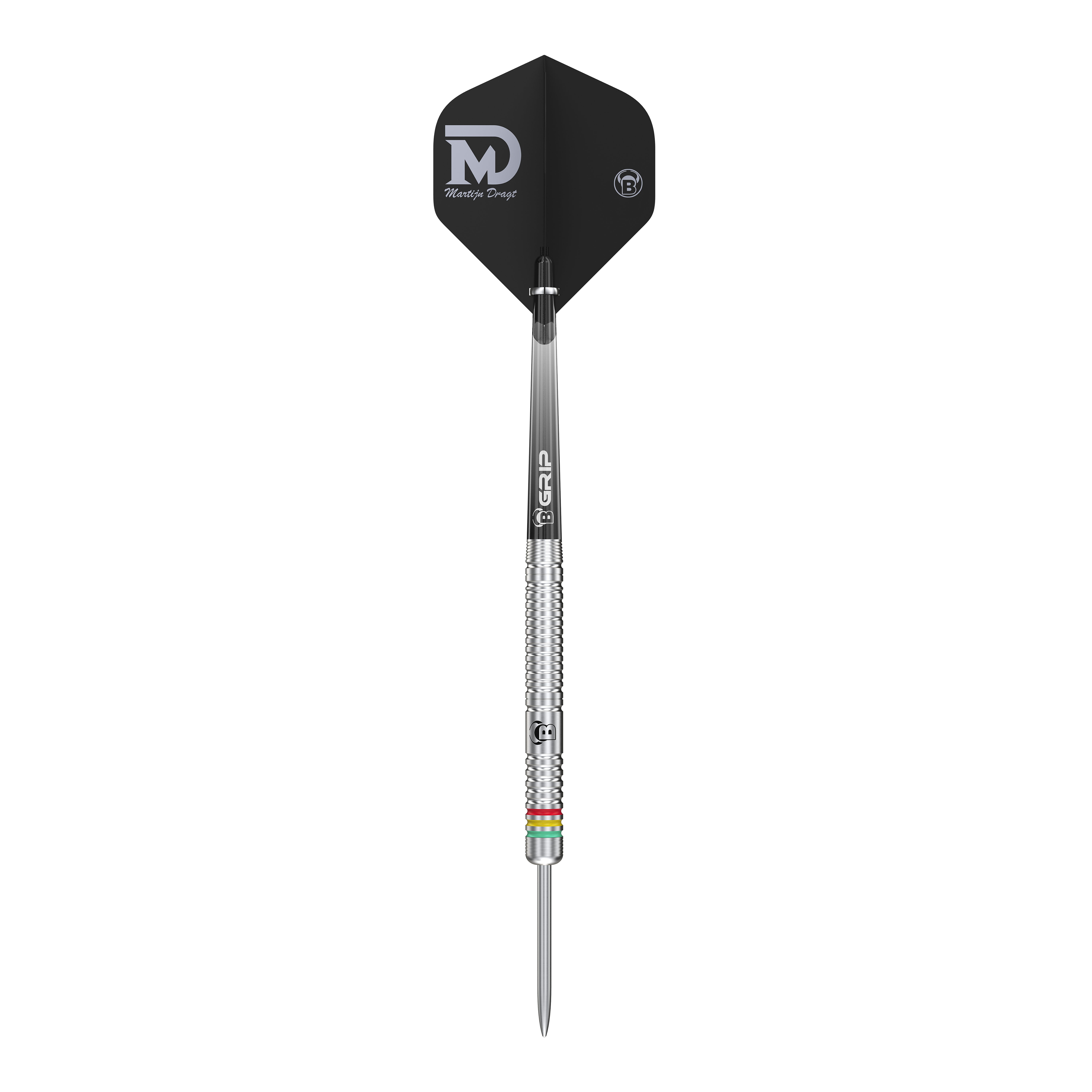 Dies ist ein Steeldart mit silbernem Schaft und schwarzem Flight, auf dem "Martijn Dragt" steht. Das Produkt heißt "Bulls Martijn Dragt Steeldarts - 24g".