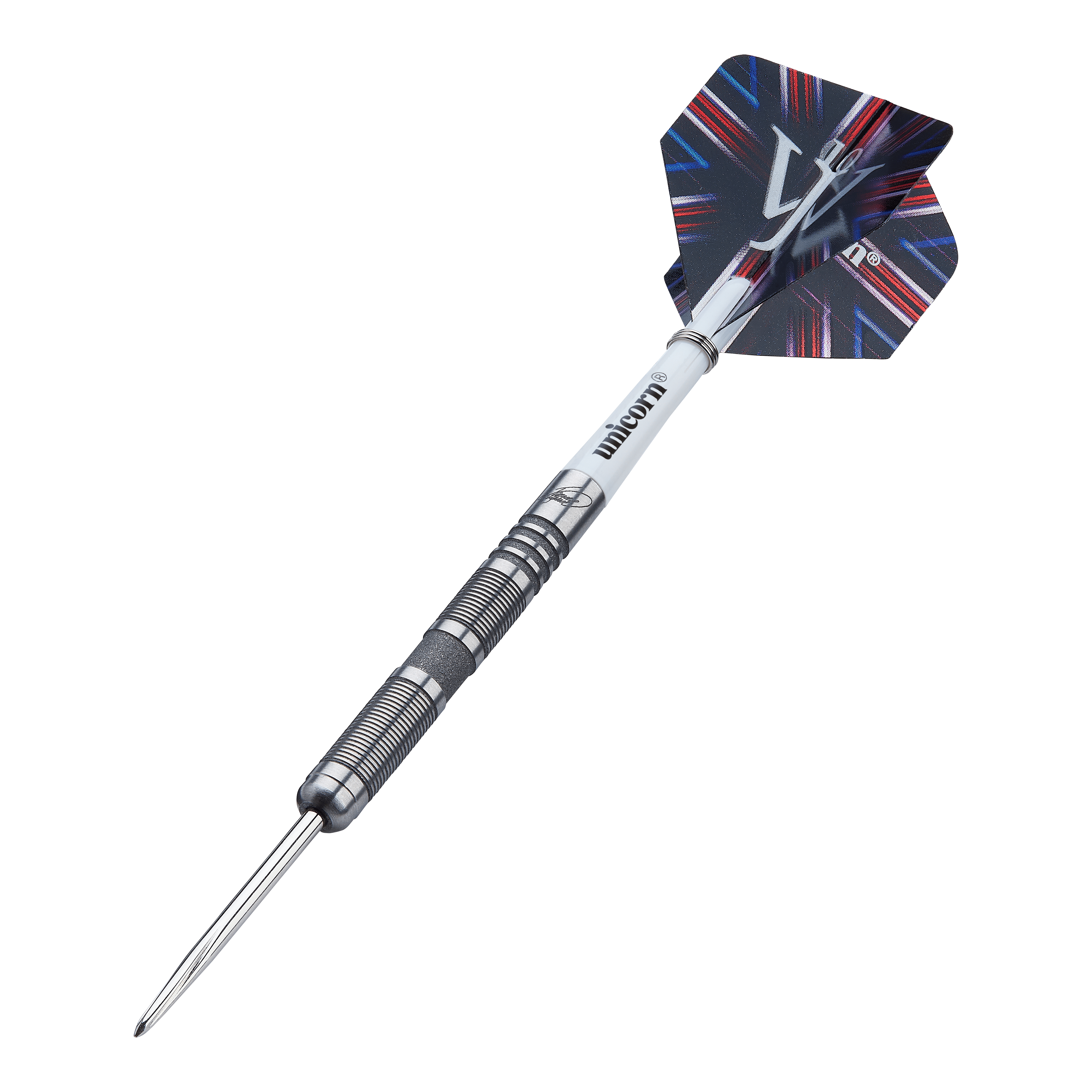 Unicorn James Wade The Machine Range Fase 4 Steeldarts Auf dem Bild ist ein Steeldart der Marke Unicorn aus der James Wade The Machine Range Phase 4 zu sehen. Der Dart hat ein silbernes, geriffeltes Barrel und einen schwarz-blauen Flight mit auffälligem Muster.