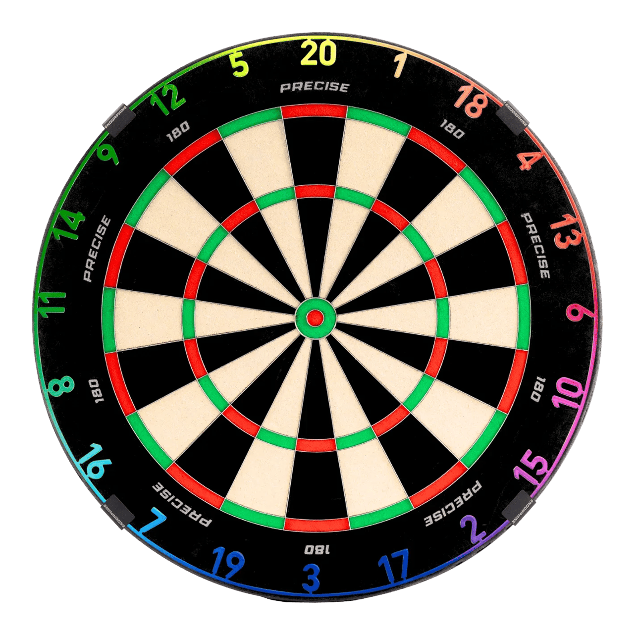 Precise 180 Endorphine stalen dartbord met cijferring - Spectrum Zu sehen ist das Precise 180 Endorphine Steeldartboard mit Nummernring – Spectrum. Das Dartboard ist frontal abgebildet.