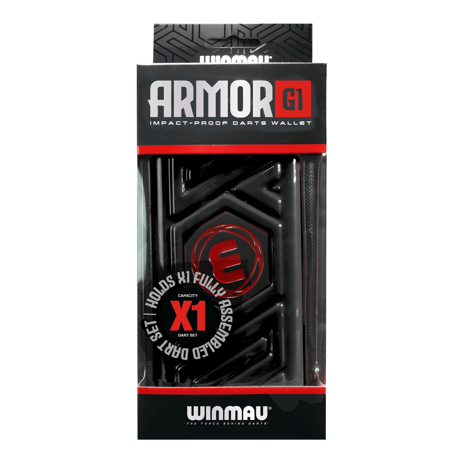 Winmau Armor G1 Dart-portemonnee Das Bild zeigt eine schwarze Darttasche von Winmau mit dem Namen "Armor G1". Die Verpackung betont, dass sie stoßfest ist und ein vollständig montiertes Dart-Set aufnehmen kann.