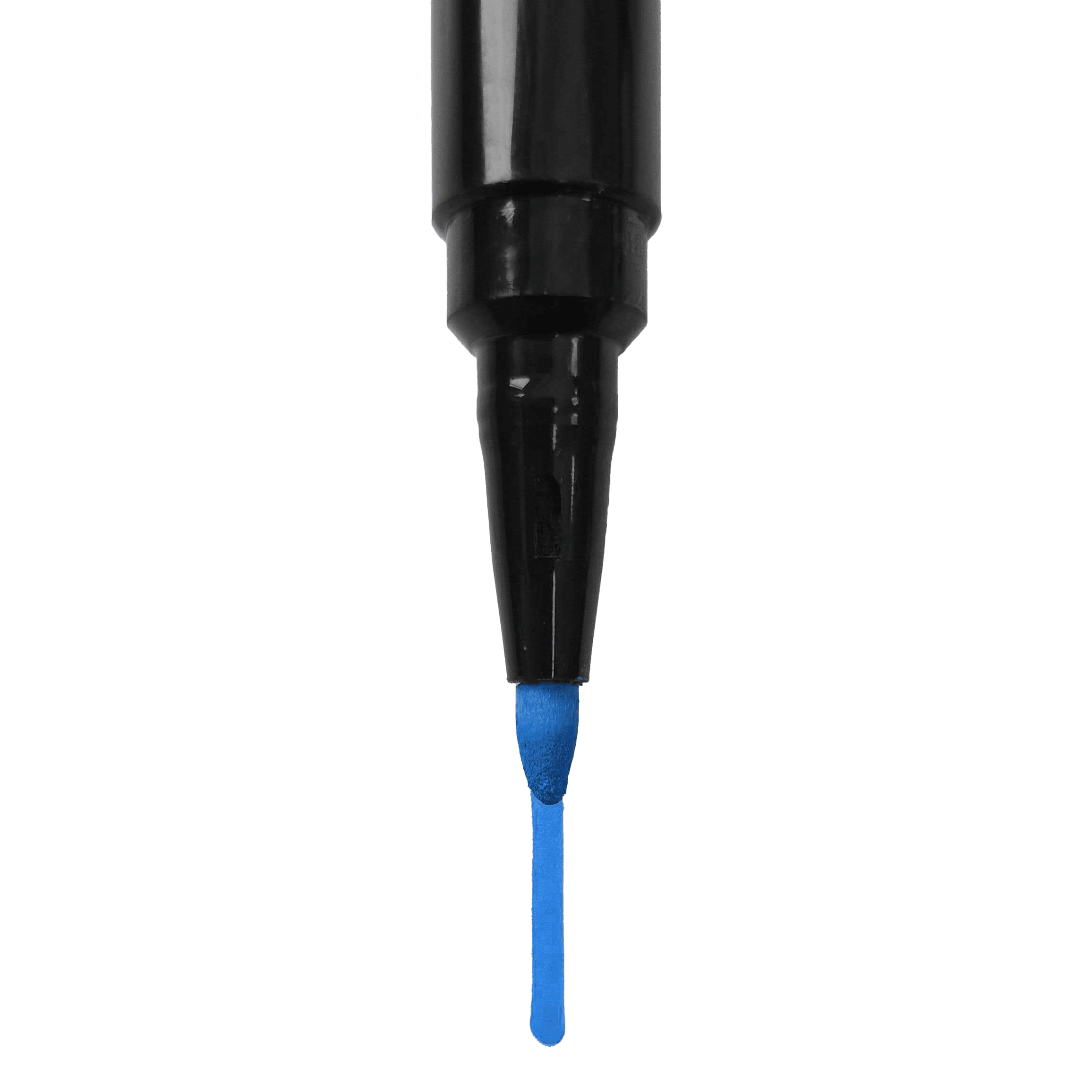 Bordmarker Auf dem Bild ist die Spitze eines blauen Boardmarkers zu sehen. Der Stift ist senkrecht ausgerichtet und die Kappe ist abgenommen.