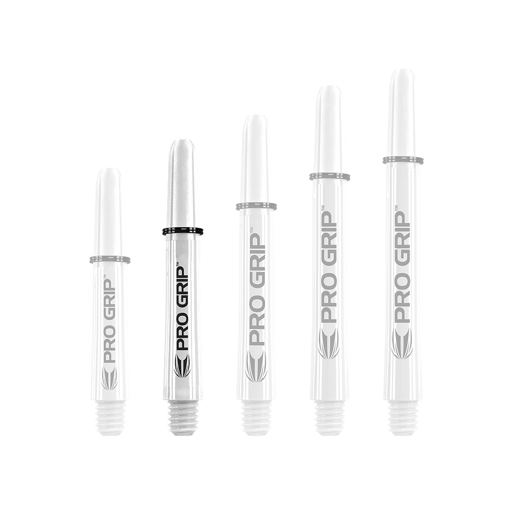 Target Pro Grip Shafts - 3 sets - Wit Auf dem Bild sind fünf weiße Dart-Schäfte in verschiedenen Längen zu sehen. Sie tragen alle die Aufschrift "PRO GRIP".
