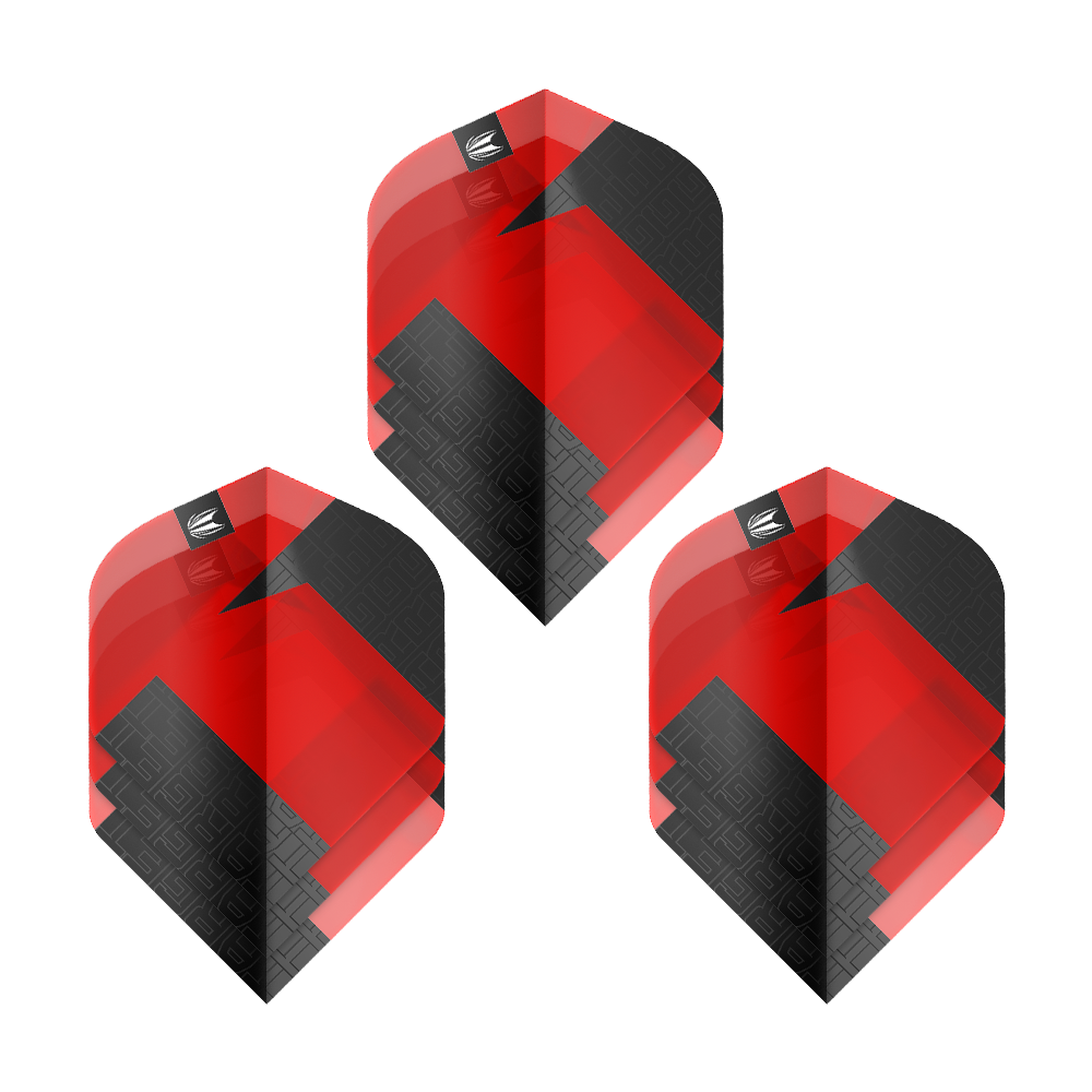 Das Bild zeigt drei Sets der Target Pro Ultra TAG Rot No2 Standard Flights. Die Flights sind rot und schwarz mit einem modernen, geometrischen Muster gestaltet.