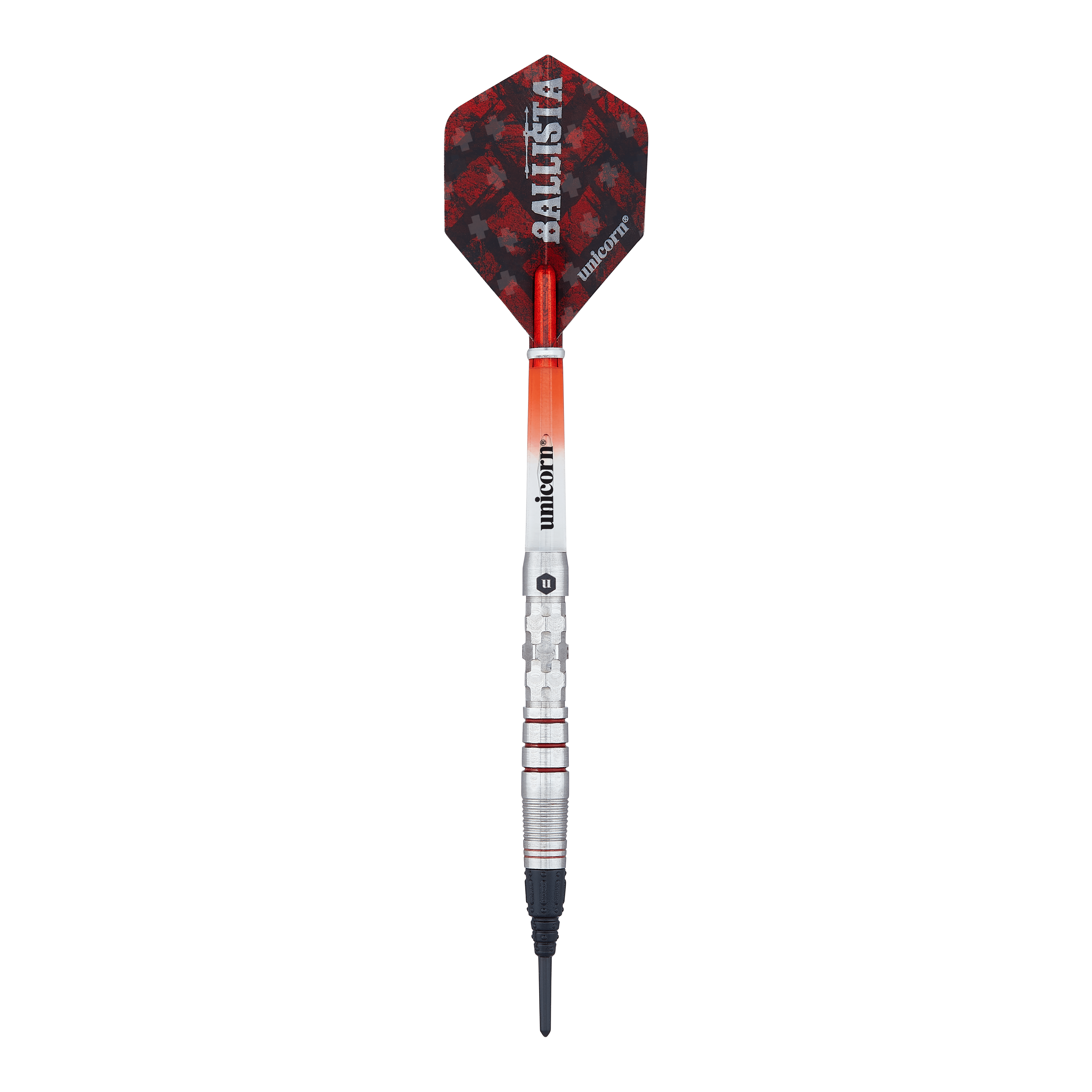 Unicorn Ballista Style 3 zachte darts Das Bild zeigt einen Softdart der Marke "Unicorn Ballista Style 3". Der Dart hat eine silberne Spitze, ein rot-schwarzes Flight und einen metallischen Schaft mit roten Akzenten.