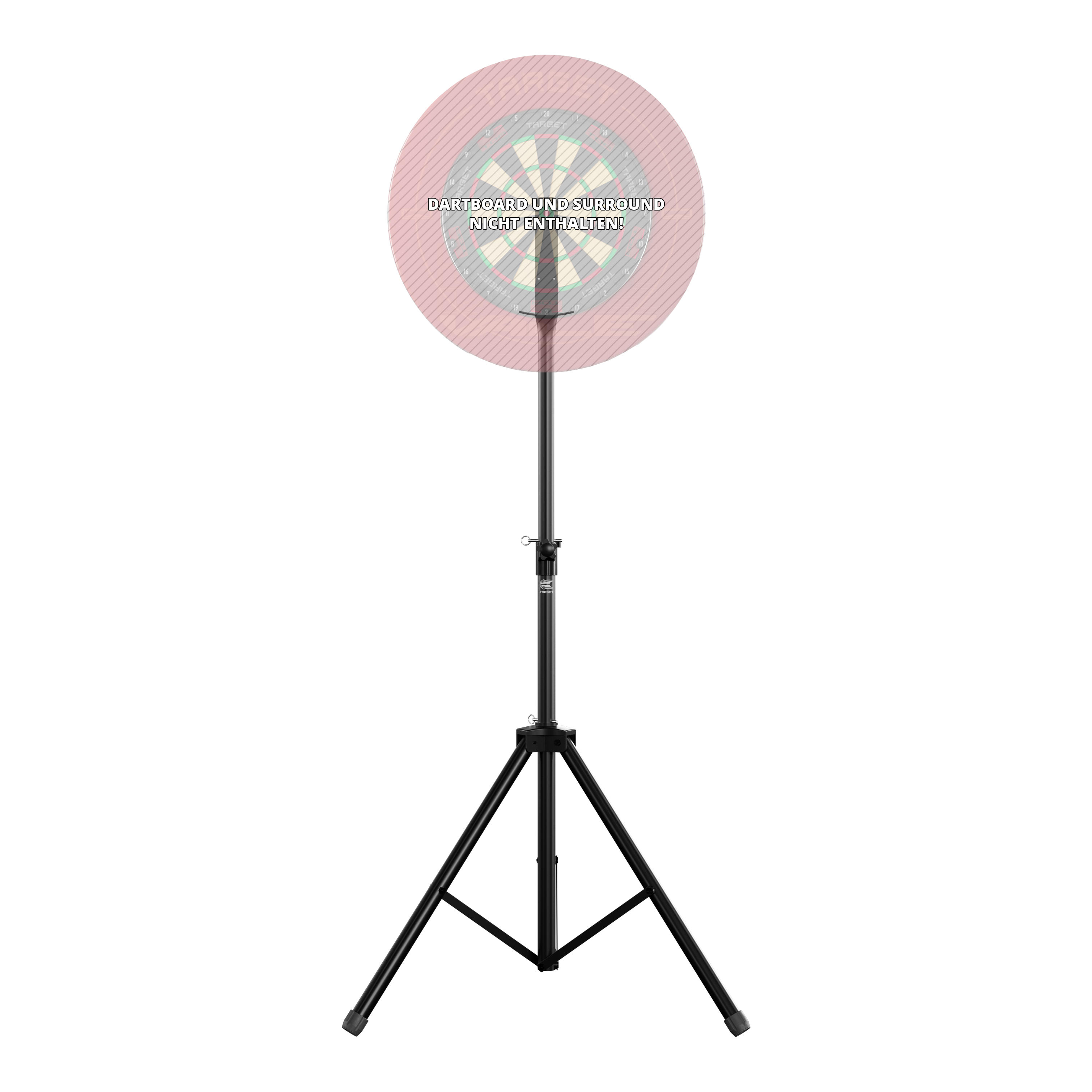 Target Dartbordstandaard Das Bild zeigt einen Target Dartboard Stand mit einem stabilen, dreibeinigen Stativ. Die Dartscheibe und der Surround sind nicht enthalten.