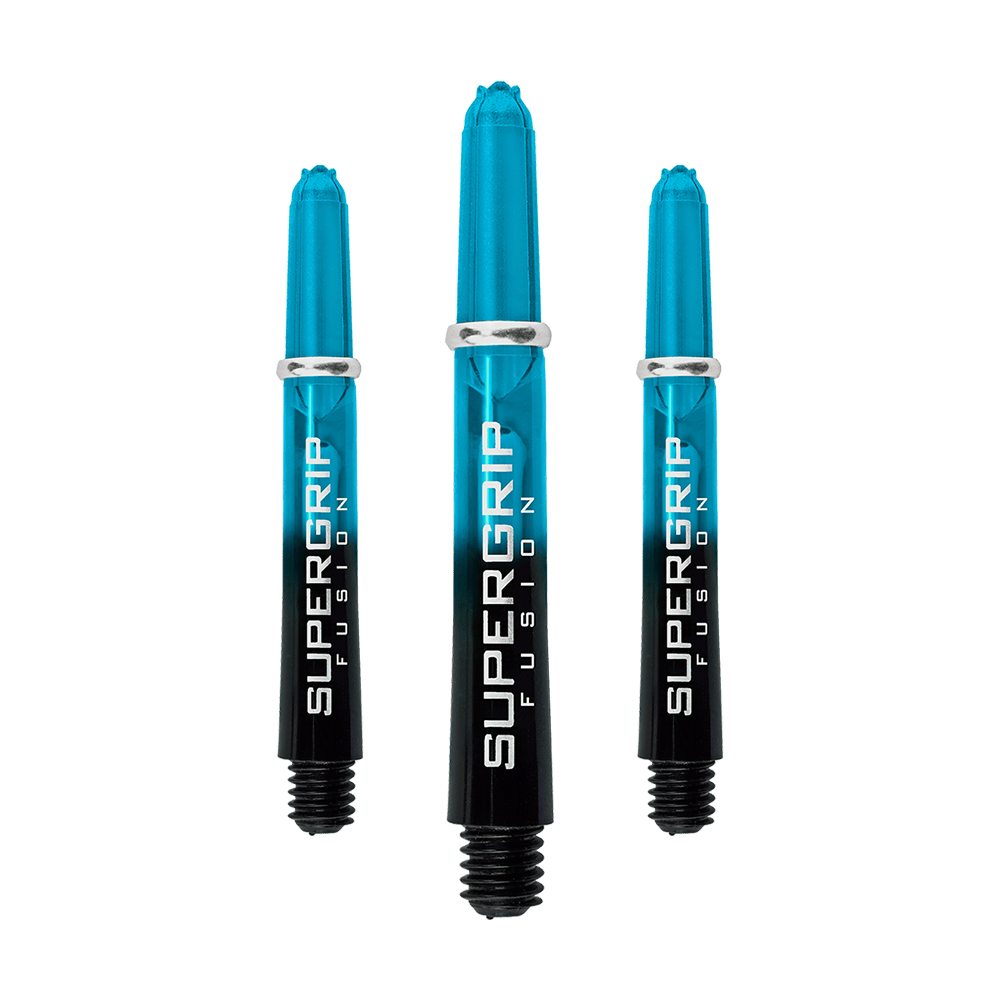 Das Bild zeigt drei Harrows Supergrip Fusion Shafts in der Farbe Aqua. Sie sind länglich und haben ein modernes, transparentes Design mit schwarzem unteren Teil.