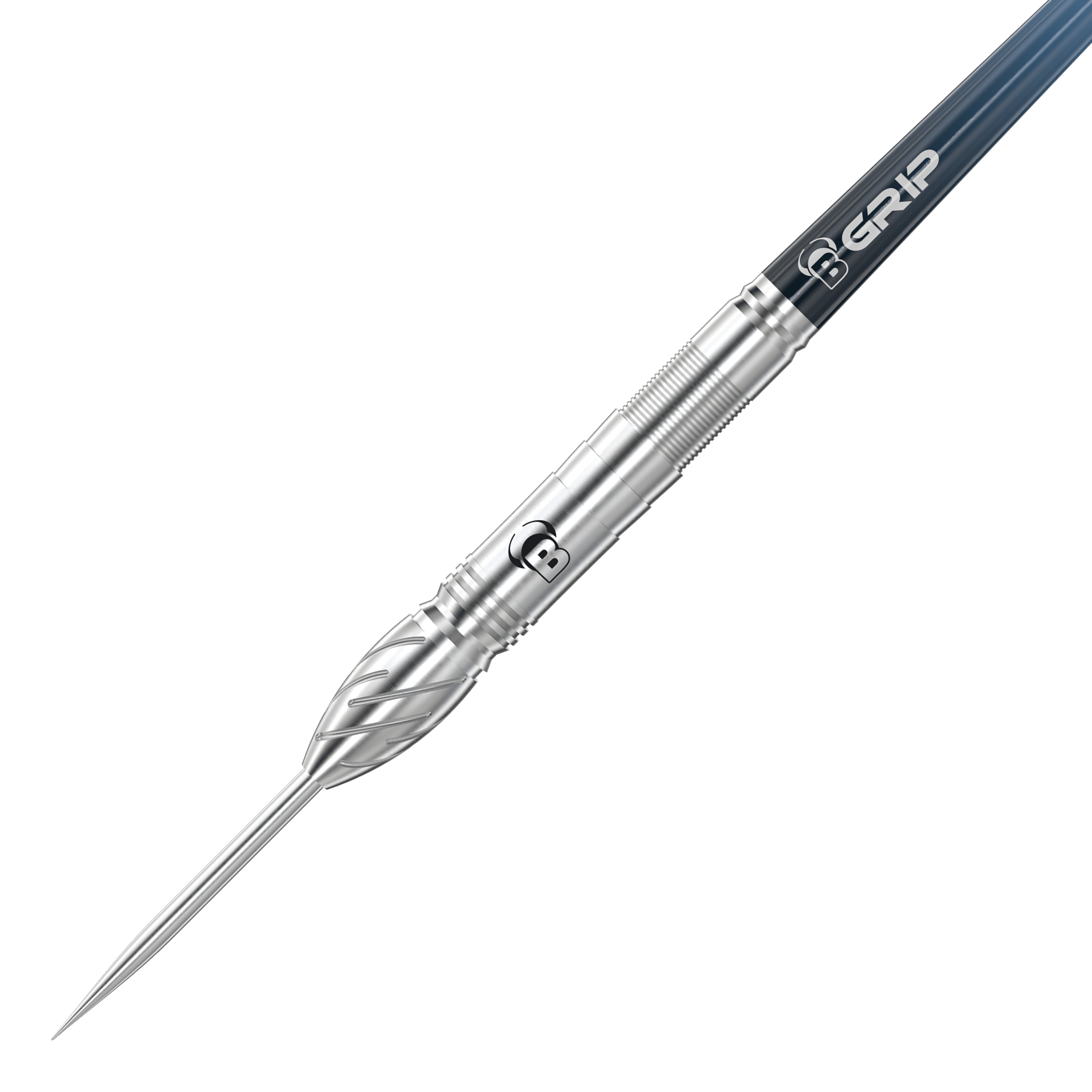 Bulls Stone S1 Steeldarts Das Bild zeigt den "Bulls Stone S1 Steeldart" in Nahaufnahme. Der Dartpfeil besteht aus silbernem Metall mit feinen Rillen für besseren Halt.
