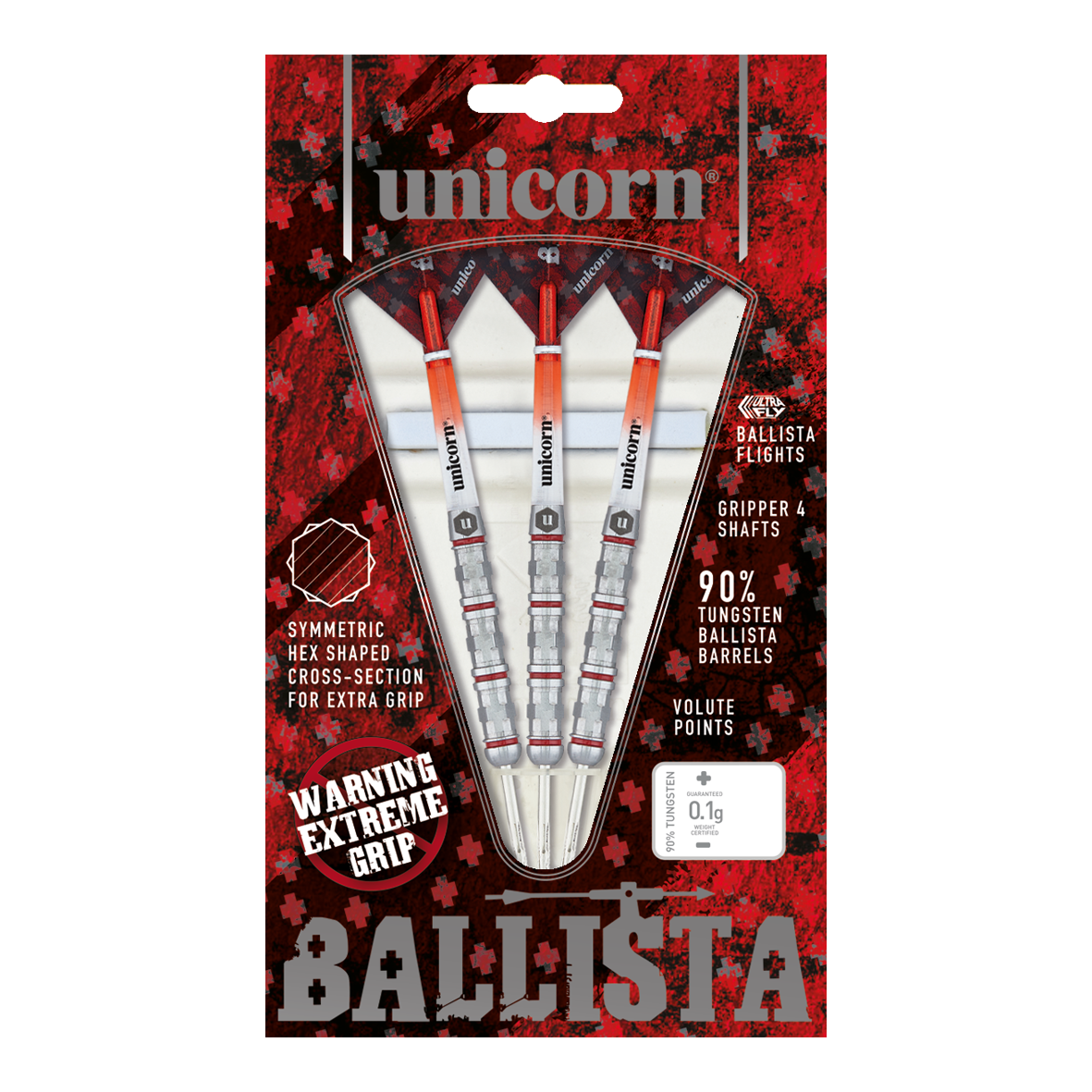 Unicorn Ballista Style 4 stalen darts Auf dem Bild ist das Produkt "Unicorn Ballista Style 4 Steeldarts" zu sehen. Die Verpackung zeigt drei Steeldarts mit auffälligem Design und betont ihre hohe Griffigkeit und den 90%igen Wolframanteil.