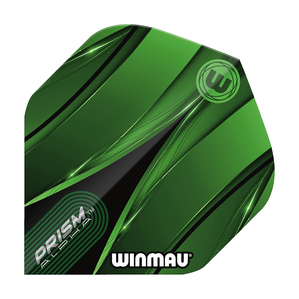 Winmau Alpha Sniper Green Standaardvluchten Das Bild zeigt ein Winmau Alpha Sniper Green Standard Flight für Darts. Das Flight ist überwiegend grün mit schwarzen und weißen Designelementen und trägt die Aufschriften "PRISM ALPHA" und "WINMAU".