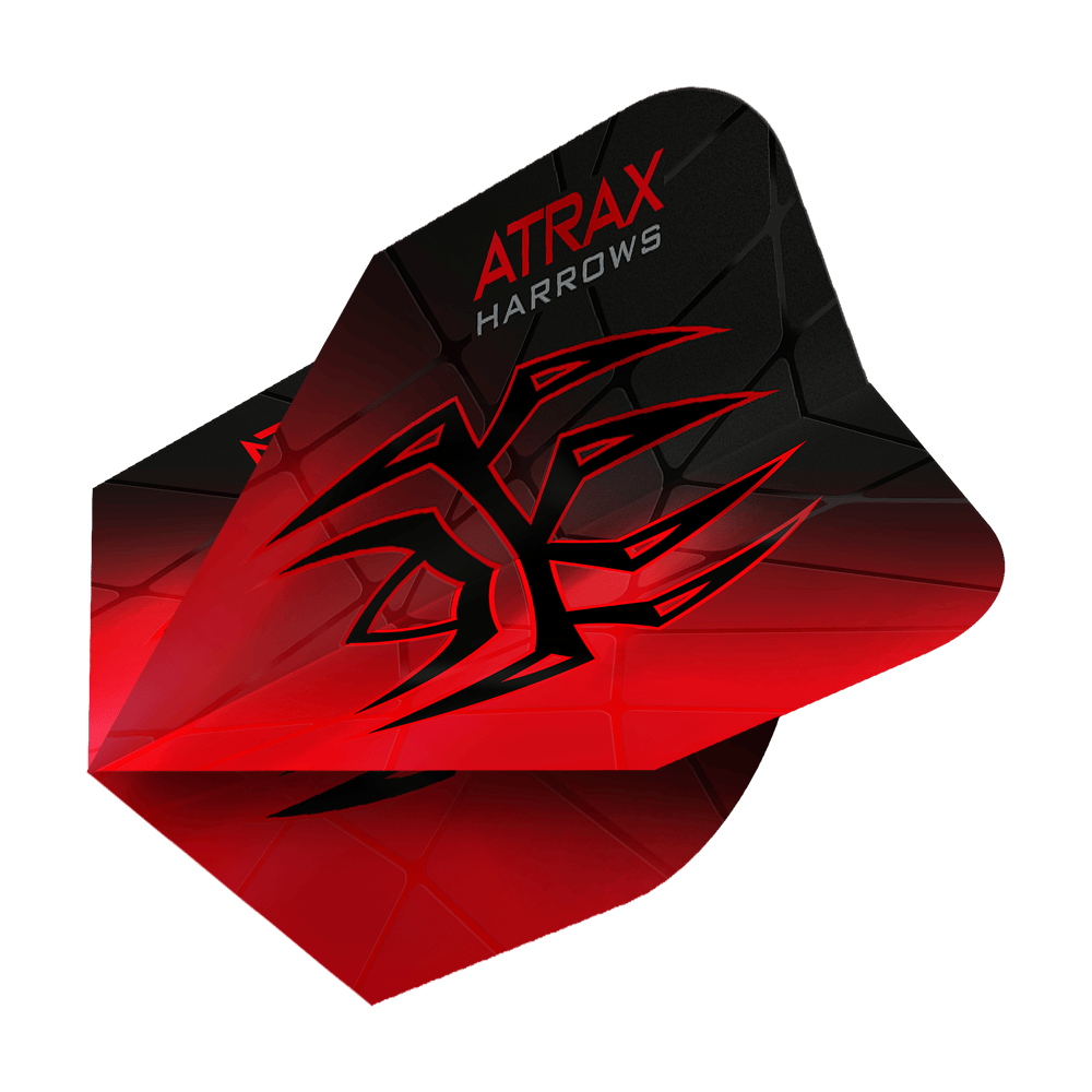 Harrow's Atrax Prime No6-vluchten Das Bild zeigt das Produkt "Harrows Atrax Prime No6 Flights". Die Dartflight ist rot und schwarz mit einem markanten, grafischen Muster und dem Schriftzug "ATRAX HARROWS".