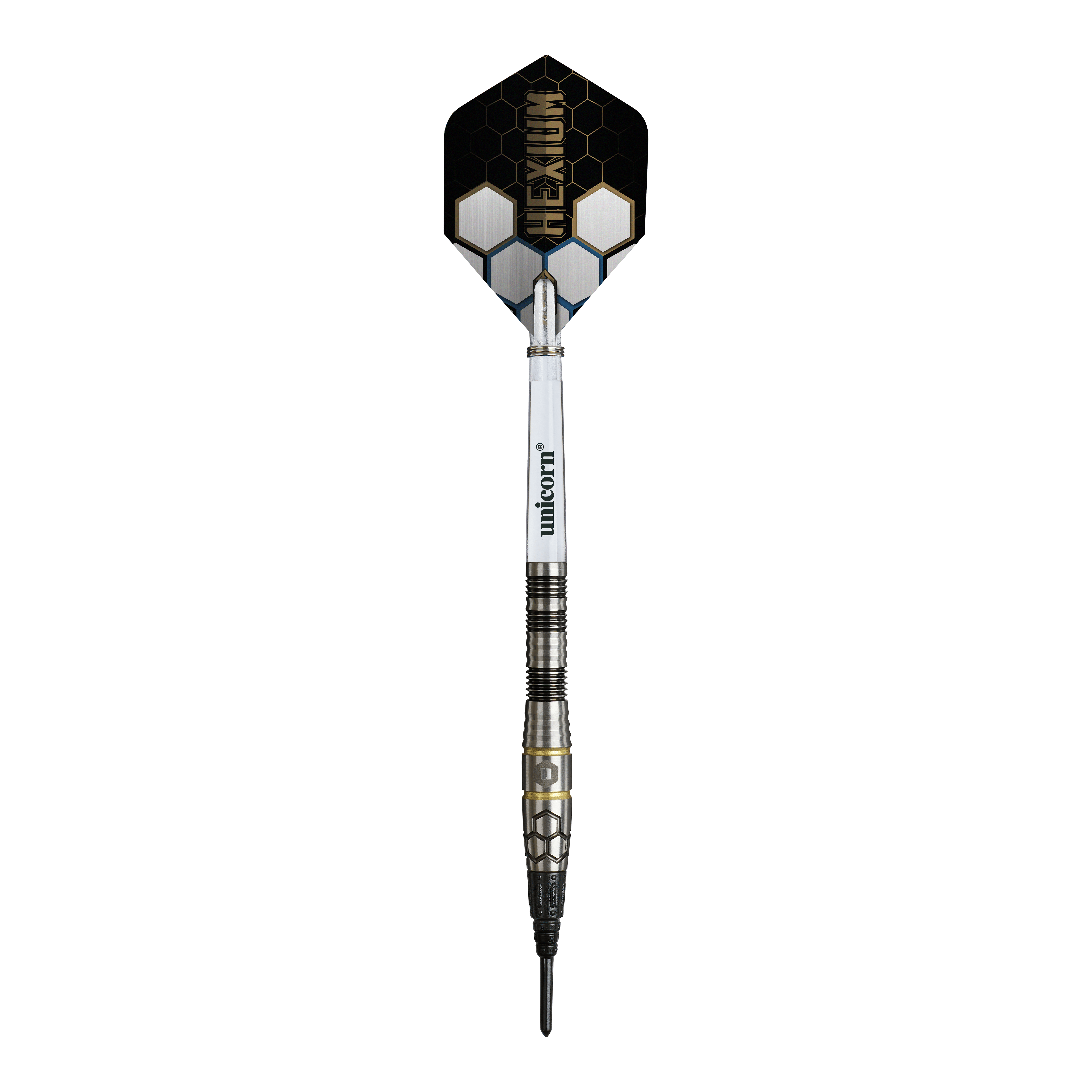 Das Bild zeigt die Unicorn Hexium Style 01 Black & Gold Softdarts mit einem Gewicht von 22 Gramm. Die Darts zeichnen sich durch ihr schwarzes und goldenes Aussehen aus.