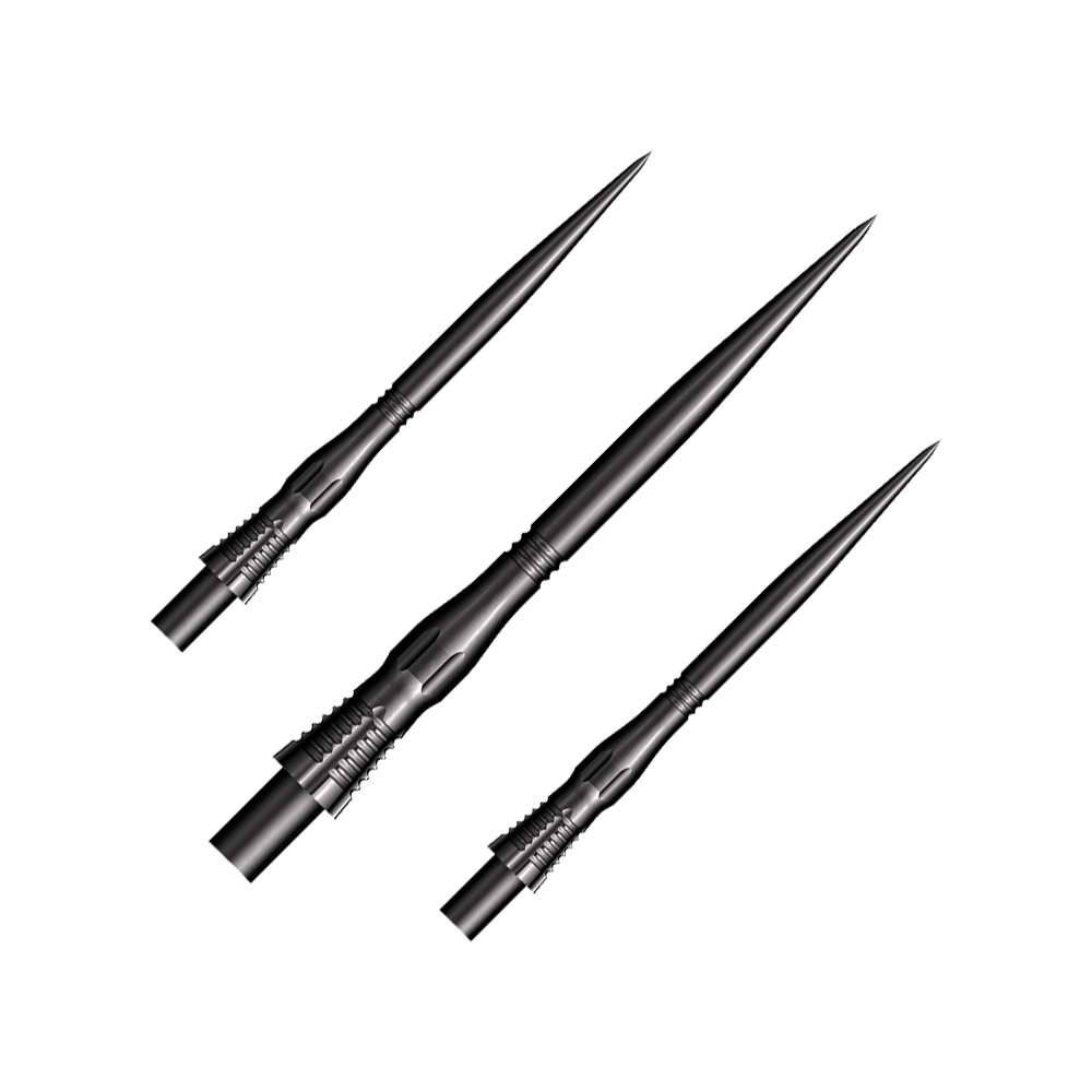 Shot Cone Scallop Steel Dart Tips - Zwart - 35mm Das Bild zeigt drei schwarze Steeldart-Spitzen des Modells "Shot Cone Scallop" mit einer Länge von 35 mm. Sie sind lang, schmal und haben ein markantes, geriffeltes Design am Schaft.