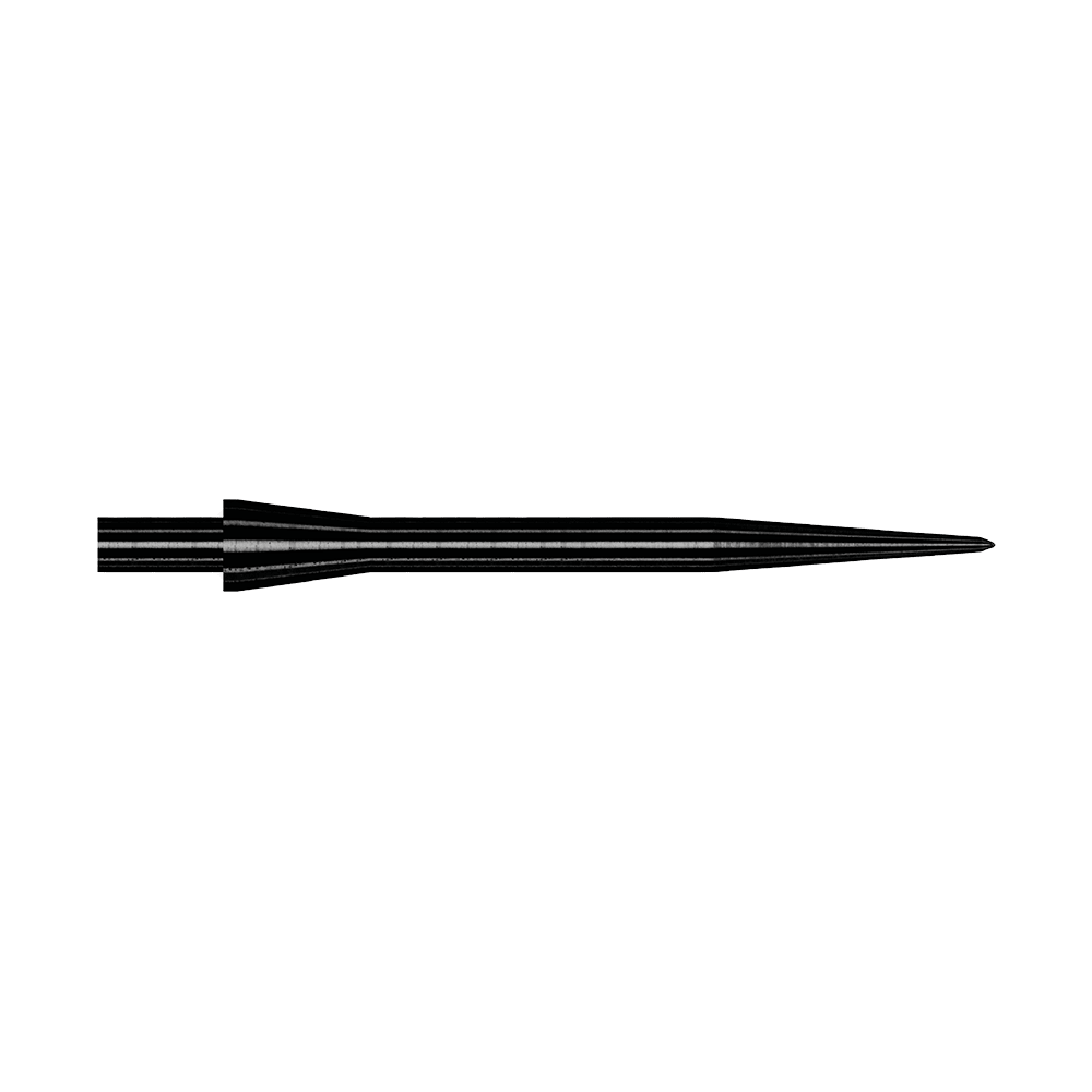 Winmau Velocity Black stalen dartpunten - 30 mm Das Bild zeigt eine schwarze Steeldartspitze des Modells Winmau Velocity mit einer Länge von 30 mm. Die Spitze ist schmal, gerade und aus Metall gefertigt.
