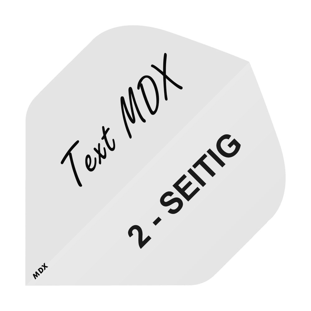 MD-401_2-Seitig_Bedruckte_Flights_Wunschtext_MDX_Weiss_Standard_1 Das Bild zeigt ein weißes, pfeilförmiges Dartflugblatt mit schwarzer Aufschrift. Darauf steht "Text MDX" und "2-SEITIG".