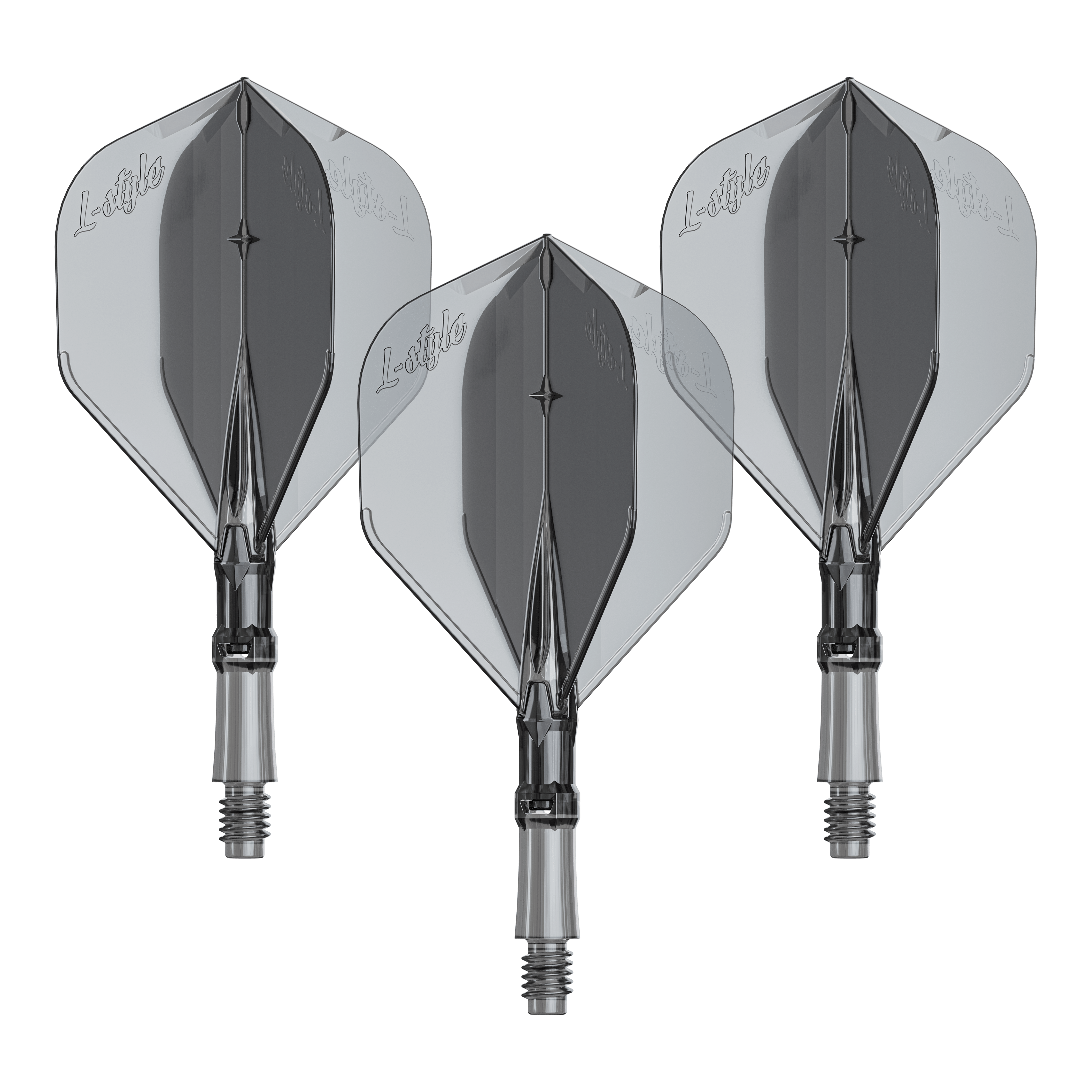 L-vormige L-systeem flights - transparant zwart Das Bild zeigt ein Produkt mit dem Namen LS1062_LStyle_L-System_Flights_ClearBlack_Small_190_1Set. Es handelt sich um ein Dartzubehör.