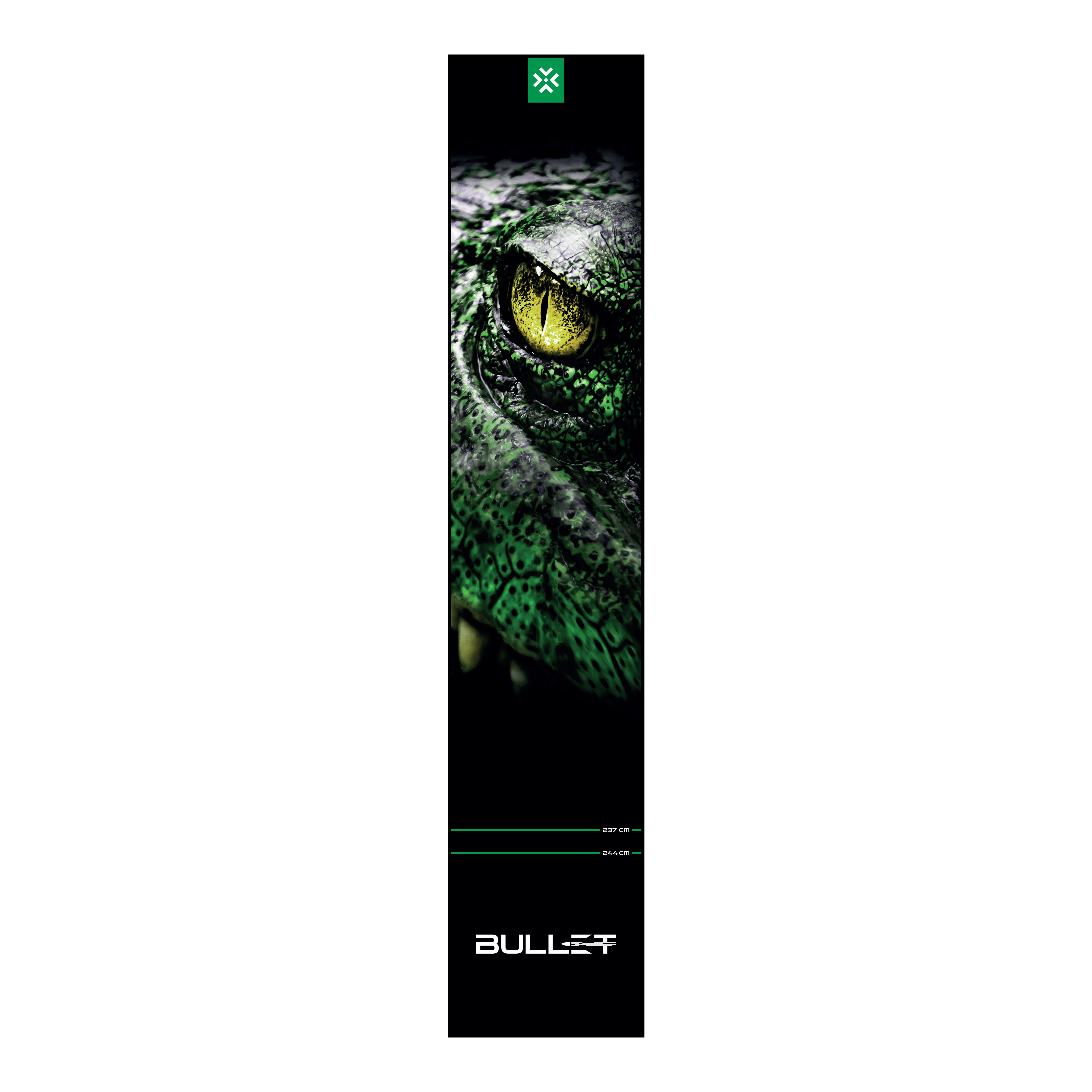 Abgebildet ist die Bullet Gator Dartmatte. Sie dient als Schutzmatte beim Darts und zeigt wichtige Spielfeldmarkierungen.