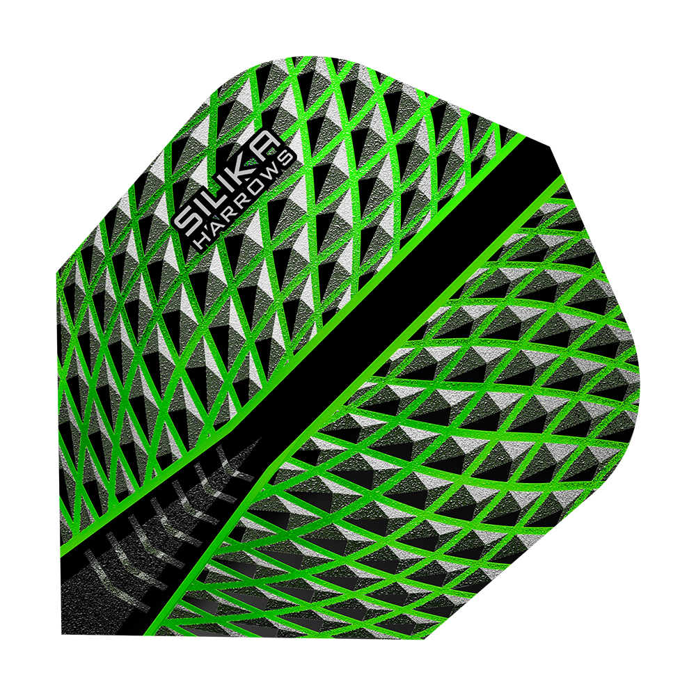 HR57_Harrows_Silika_Green_No6_Flights_1QhWCLSDj2sf9o Harrows Silika No6 Flights mit grafischem Muster. Die Flights sind als Gruppe zu sehen.