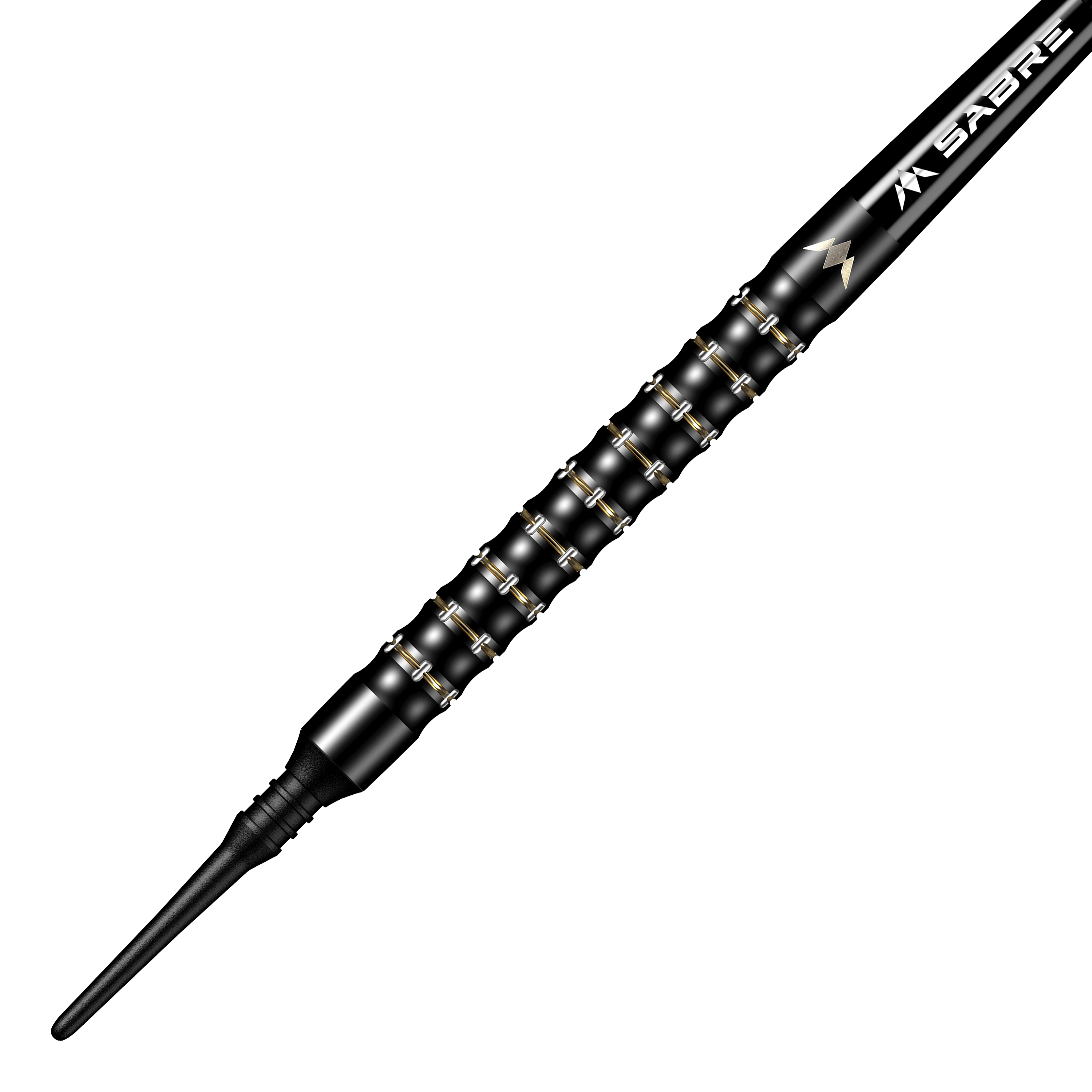 Mission Mike De Decker MDD Black Gold Soft Darts - 20g Das Bild zeigt einen Mission Mike De Decker MDD Black Gold Softdart mit einem Gewicht von 20g. Der Dart ist schwarz-gold und hat eine strukturierte Griffzone für besseren Halt.