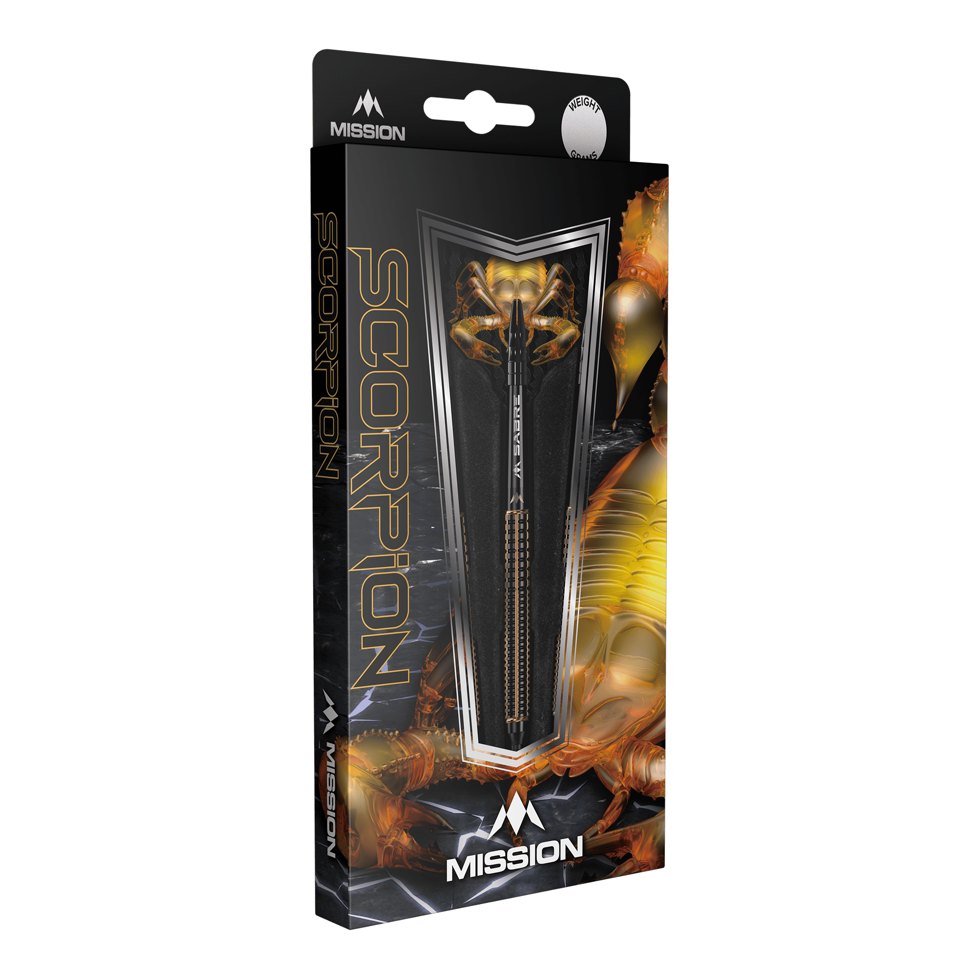 Mission Scorpion zachte dartpijlen - 19g Die Abbildung zeigt die Verpackung der "Mission Scorpion Softdarts - 19g". Das Design ist schwarz-gold mit einem Skorpionmotiv und zeigt einen Dartpfeil in der Mitte.