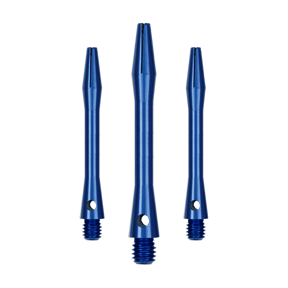 Aluminium assen - Blauw Mehrere blaue Aluminiumschäfte für Dartpfeile sind abgebildet. Diese Schäfte sind stabil und funktional.