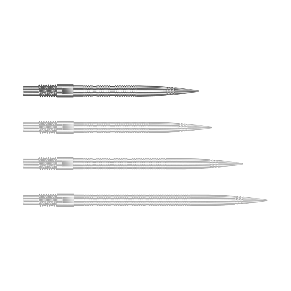 Harrows Quick Point Micro Ridge Dart Tips - Zilver Silberne Harrows Quick Point MicroRidge Dartspitzen mit 26 mm Länge werden dargestellt. Die Spitzen liegen einzeln auf einer hellen Oberfläche.