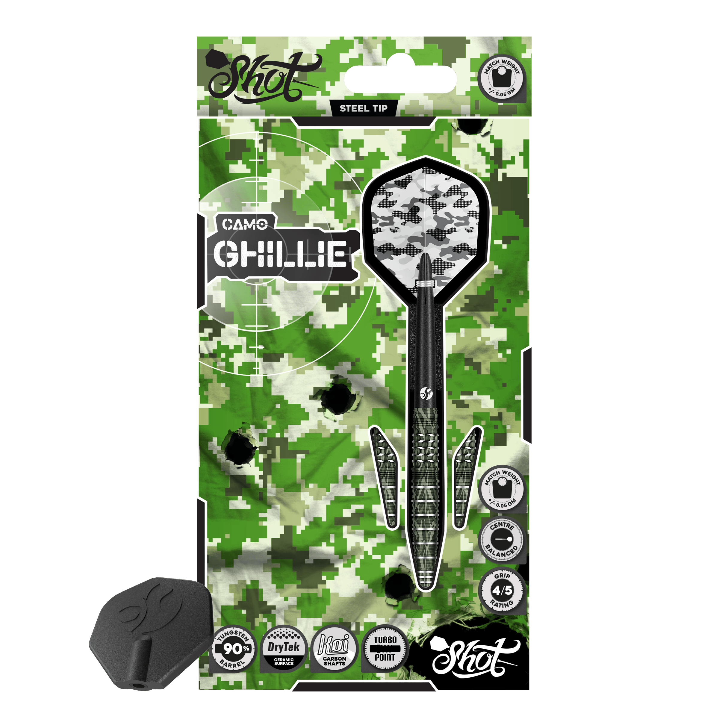 Shot Camo Ghillie Turbo Point Steeldarts mit 23 Gramm. Die Darts sind in einem speziellen Tarnmuster gehalten.