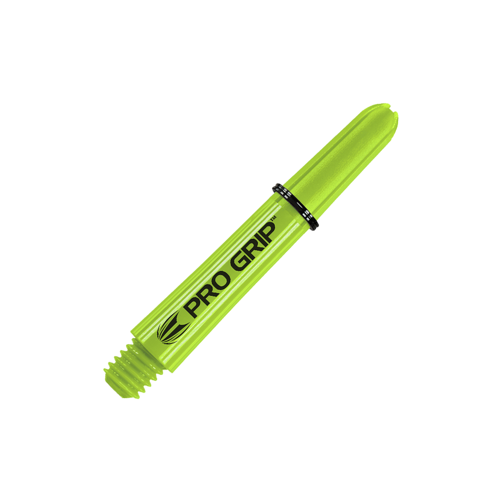 Target Pro Grip Shafts - 3 sets - Limoengroen Das Bild zeigt einen limegrünen Dartshaft mit der Aufschrift "PRO GRIP". Der Schaft hat ein Schraubgewinde an einem Ende und ist 34 mm lang.