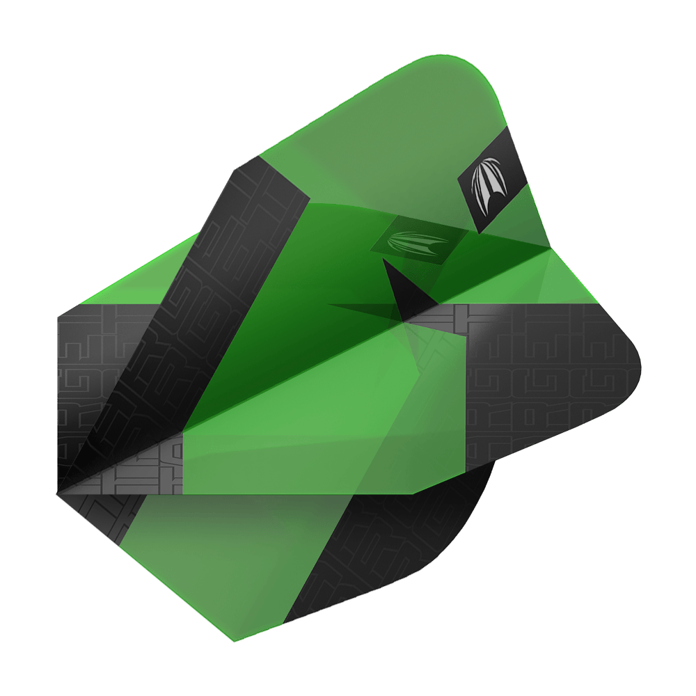 Target Pro Ultra TAG Green Ten-X standaardvluchten - 3 sets Das Bild zeigt einen grünen Dartflight mit schwarzen Akzenten aus der Serie "Target Pro Ultra TAG Grün Ten-X Standard Flights". Das moderne Design hebt sich durch klare Farben und Muster hervor.