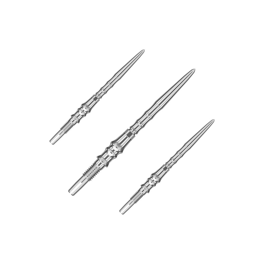 Target Japan Premium Swiss Point Dart Tips - Zilver Ein Set silberner SwissPoint-Dartspitzen mit einer Länge von 30 mm ist abgebildet. Die Dartspitzen sind für den Einsatz mit Target Japan Premium geeignet.