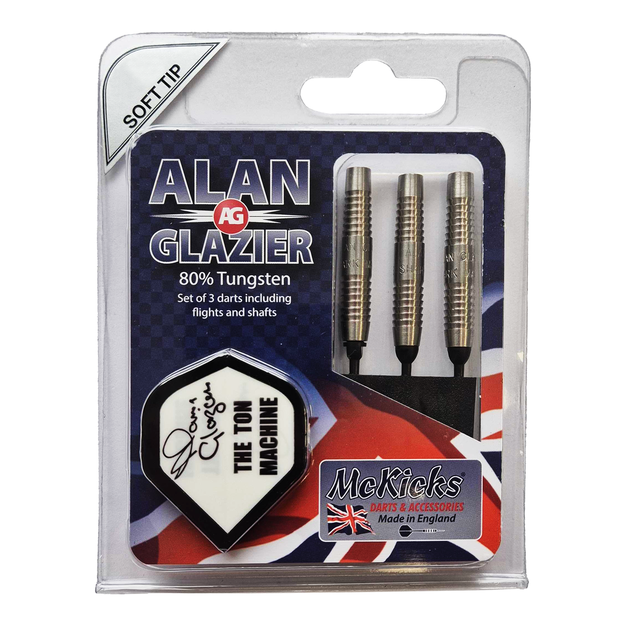 McKicks Alam Glazier Shark Machine Zachte Darts Das Bild zeigt eine Verpackung mit drei Softdarts der Marke "McKicks Alan Glazier Shark Machine". Die Darts bestehen zu 80% aus Tungsten und werden inklusive Flights und Shafts geliefert.