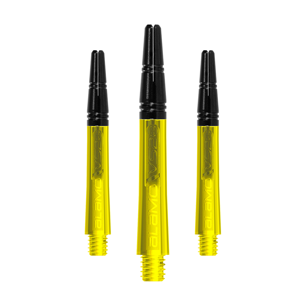 Harrow's Alamo VS2 Shafts - Geel Das Bild zeigt drei gelbe Dartschäfte mit schwarzen Spitzen. Die Schäfte sind mit „Alamo VS2“ beschriftet und stehen aufrecht nebeneinander.