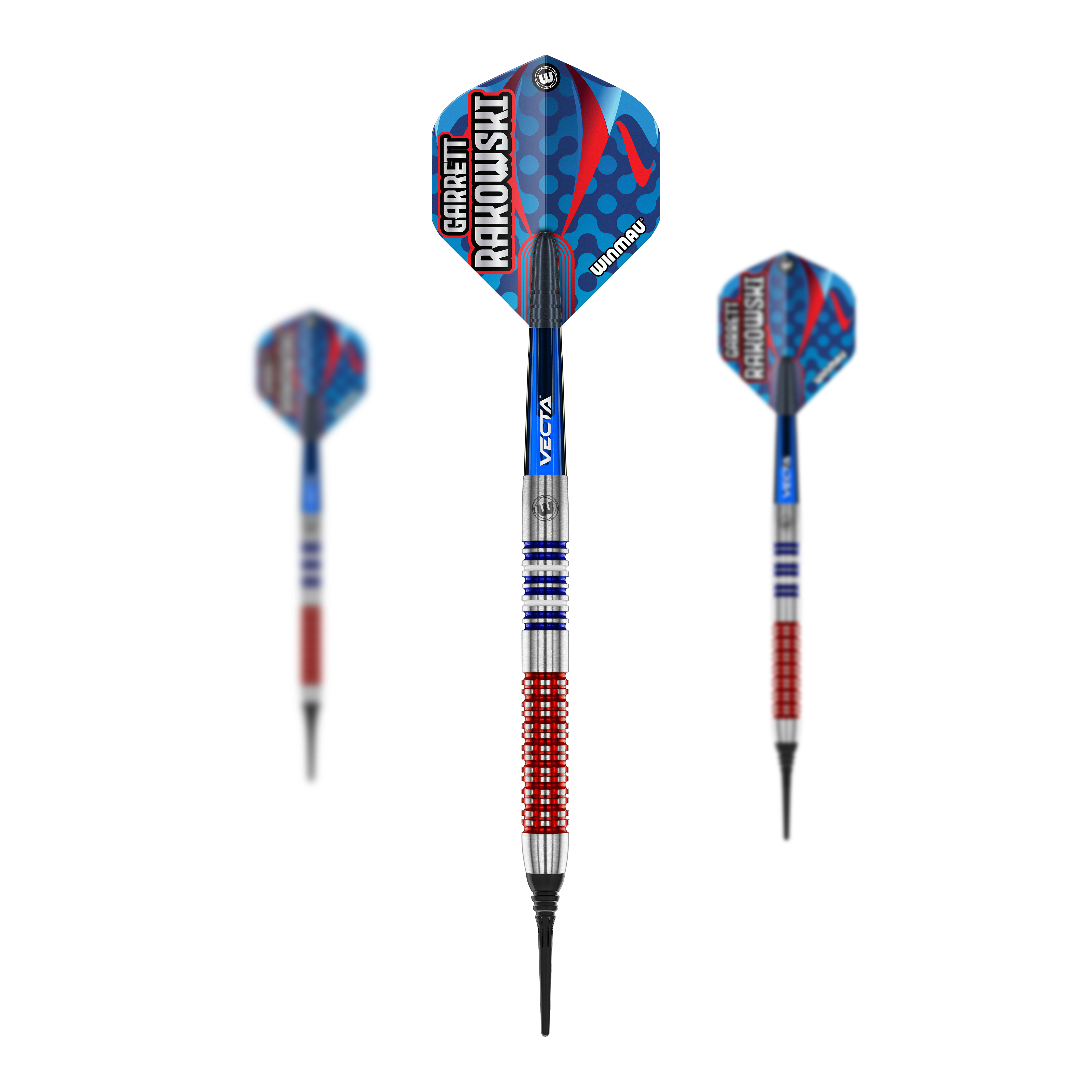 Winmau Garrett Rakowski zachte dartpijlen - 20 g Das Bild zeigt drei Softdarts des Modells "Winmau Garrett Rakowski Softdarts - 20g". Die Darts haben ein auffälliges Design in Blau, Rot und Silber mit der Aufschrift "Garrett Rakowski" auf den Flights.