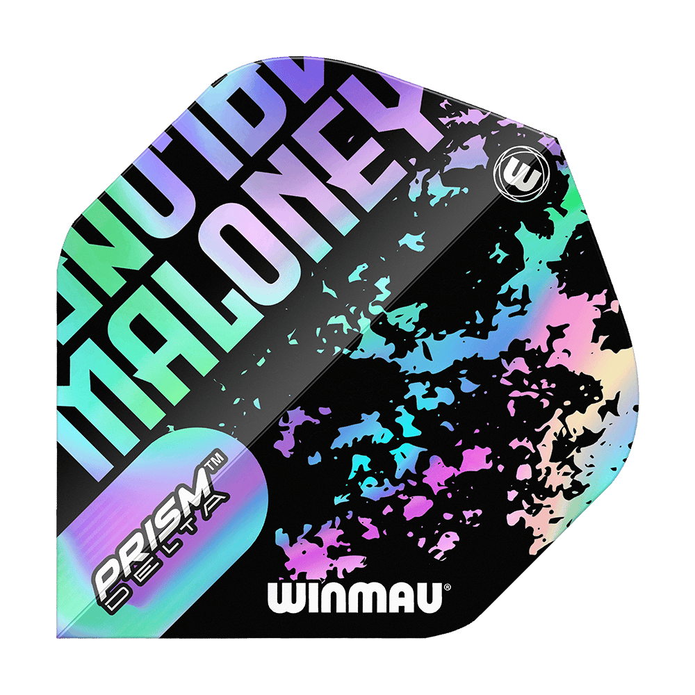 Winmau Prism Delta Mike Maloney Standaardvluchten Das Bild zeigt ein Winmau Prism Delta Mike Maloney Standard Flight für Darts. Das Flight hat ein auffälliges, buntes Design mit dem Namen "Maloney" und dem Winmau-Logo.