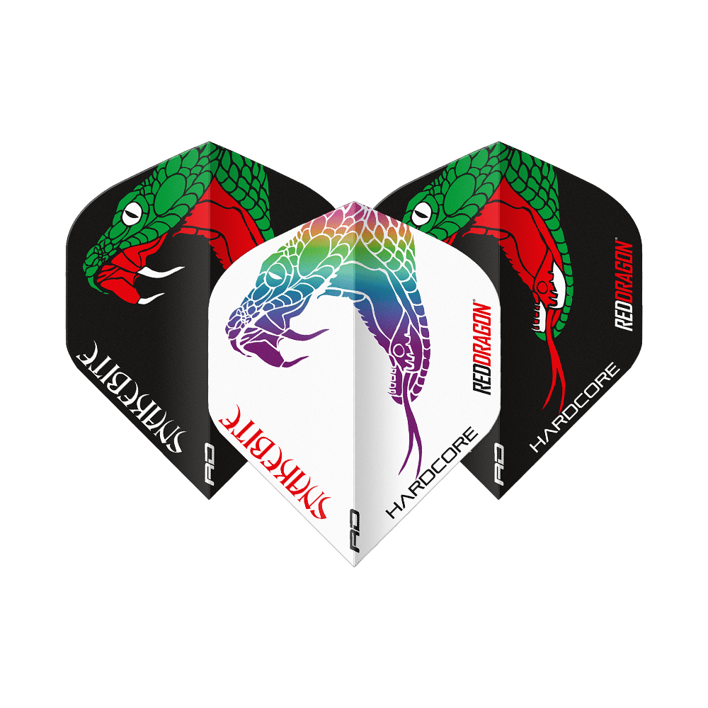 Red Dragon Peter Wright Slangenbeet Zwart Wit Yin Yang Standaardvluchten Das Bild zeigt drei Dart-Flights der Marke "Red Dragon Peter Wright Snakebite Black White Yin Yang Standard Flights". Die Flights sind in Schwarz und Weiß gestaltet und mit farbigen Schlangenmotiven verziert.