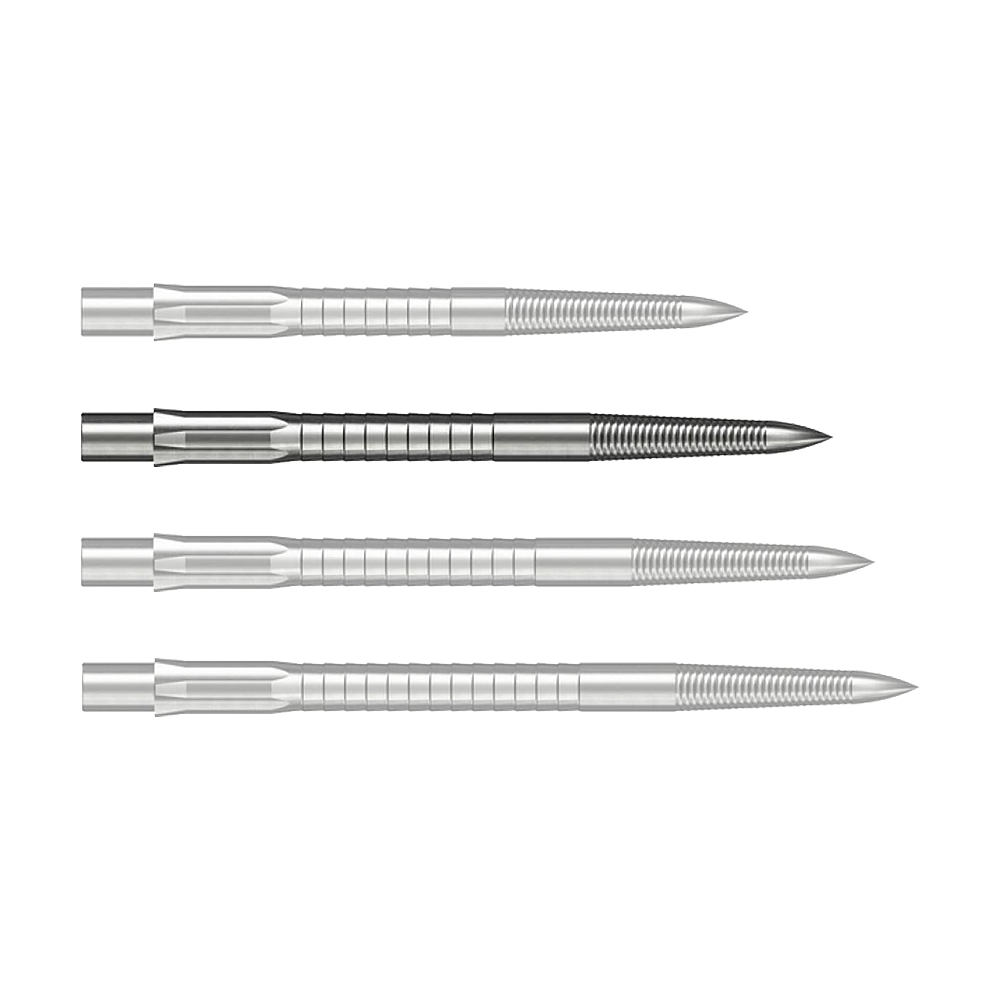 Man sieht eine einzelne Caliburn Evo System Steeldartspitze Micro Grip in Silber mit einer Länge von 32 mm. Die Dartspitze ist scharf vor einem weißen Hintergrund zu erkennen.