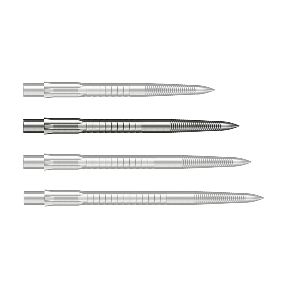 Caliburn System Steel Dart Tips - Micro Grip - Zilver Man sieht eine einzelne Caliburn Evo System Steeldartspitze Micro Grip in Silber mit einer Länge von 32 mm. Die Dartspitze ist scharf vor einem weißen Hintergrund zu erkennen.