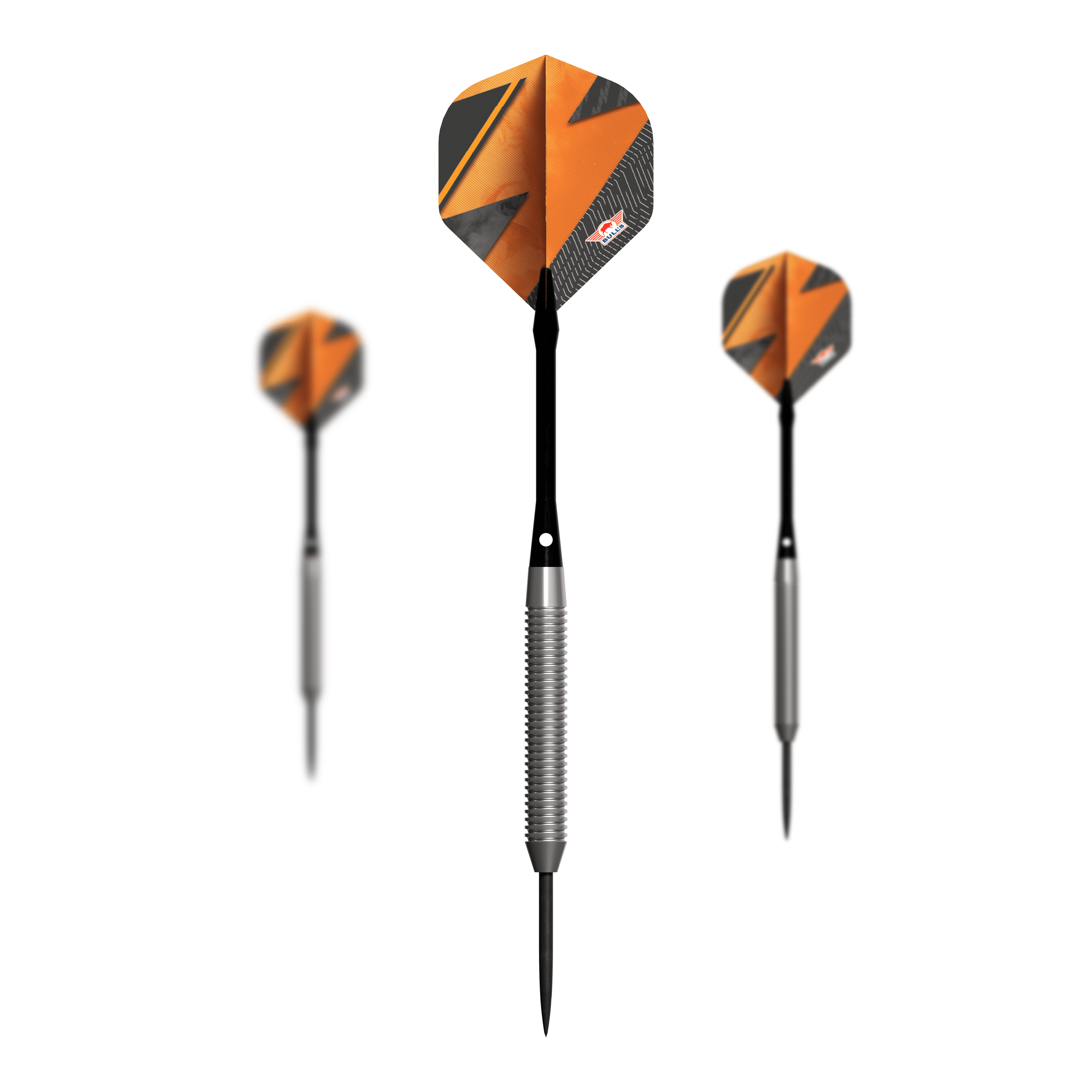 Bulls NL Lightning Orange Steel Darts Das Bild zeigt drei Steeldarts der Marke "Bulls NL Lightning Orange". Die Darts haben einen auffälligen orange-schwarzen Flight und einen silbernen Schaft.