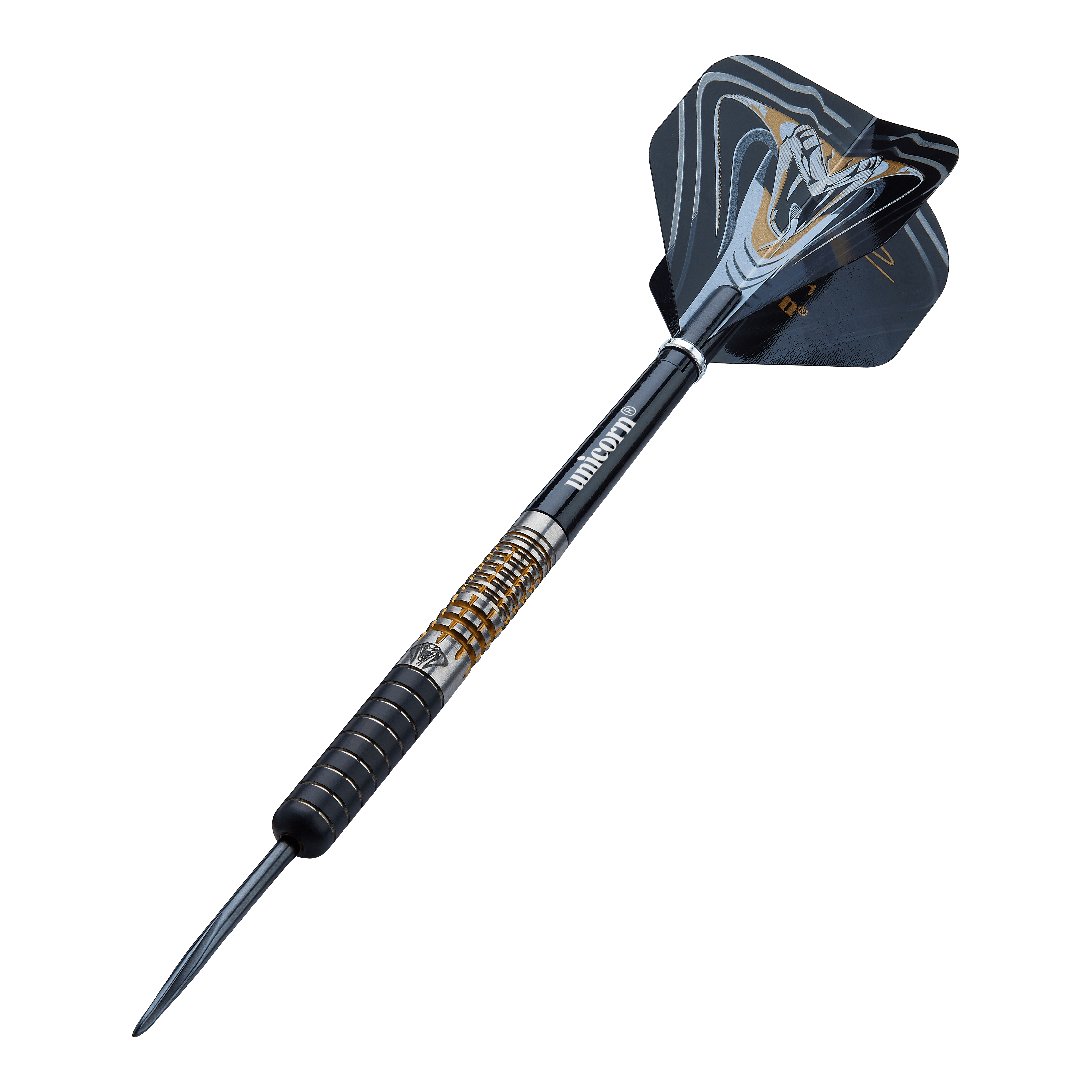 Unicorn Maestro Jeffrey De Zwaan Phase 3 stalen dartpijlen Das Bild zeigt einen Unicorn Maestro Jeffrey De Zwaan Phase 3 Steeldart. Der Dart hat ein schwarzes und silbernes Design mit goldenen Akzenten und einer auffälligen Flights-Grafik.